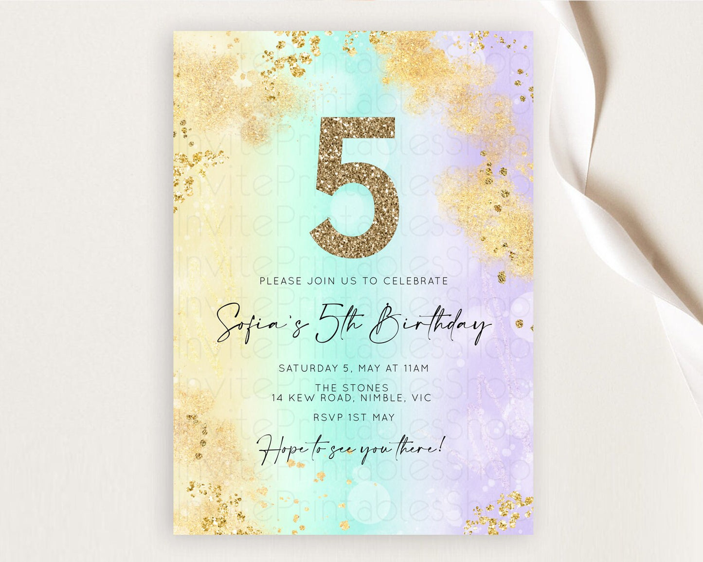 Rainbow Birthday Invitation Colorful Pastel Watercolor Invitation Gold Glitter Sprinkles Ombre Pastel 1st 2nd 3rd Birthday D10672