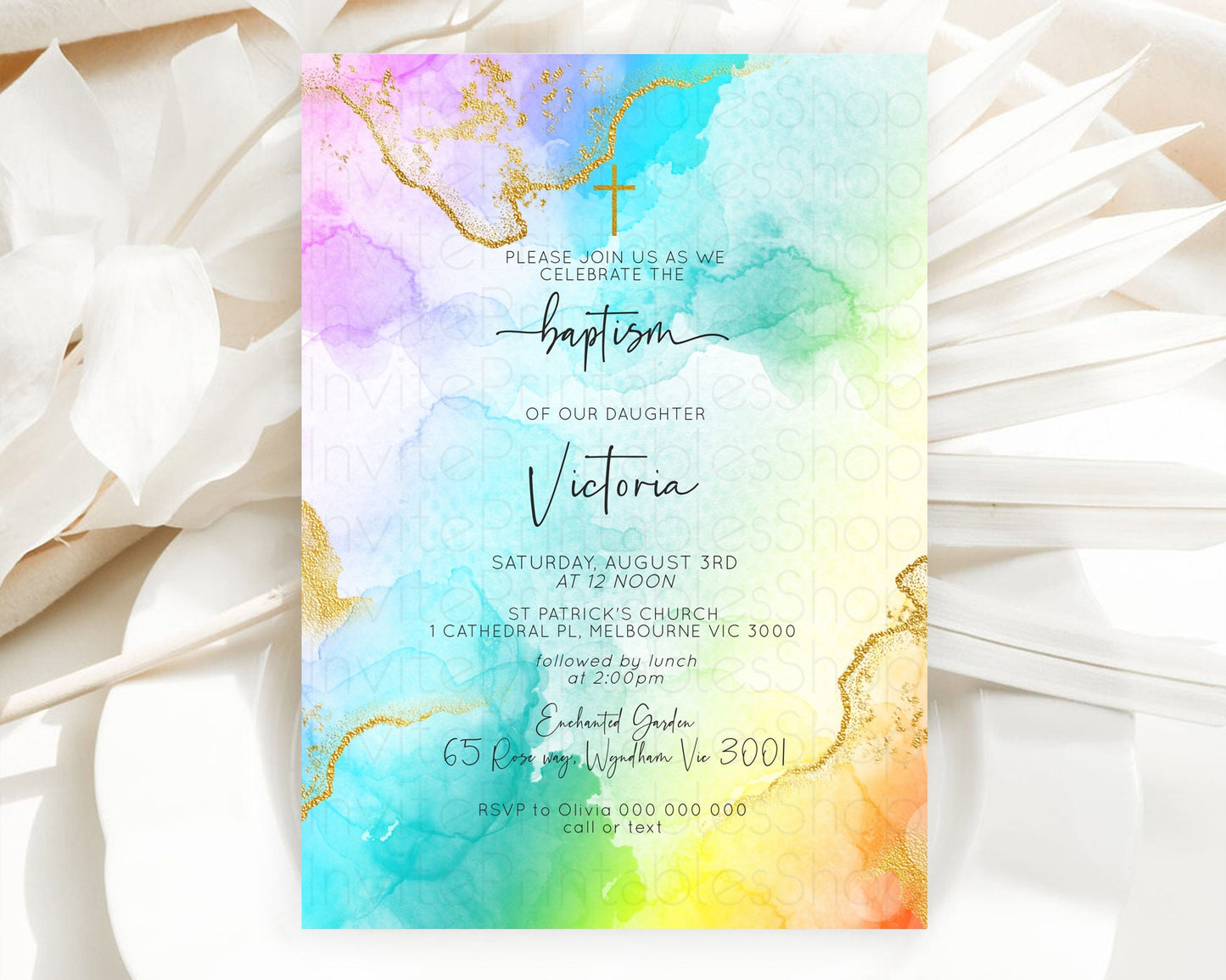 Pastel Baptism Invitation Pastel Colors Watercolor Baptism 1st Birthday Party Gold Ombre Pastel Rainbow Christening Holy Communion D10390