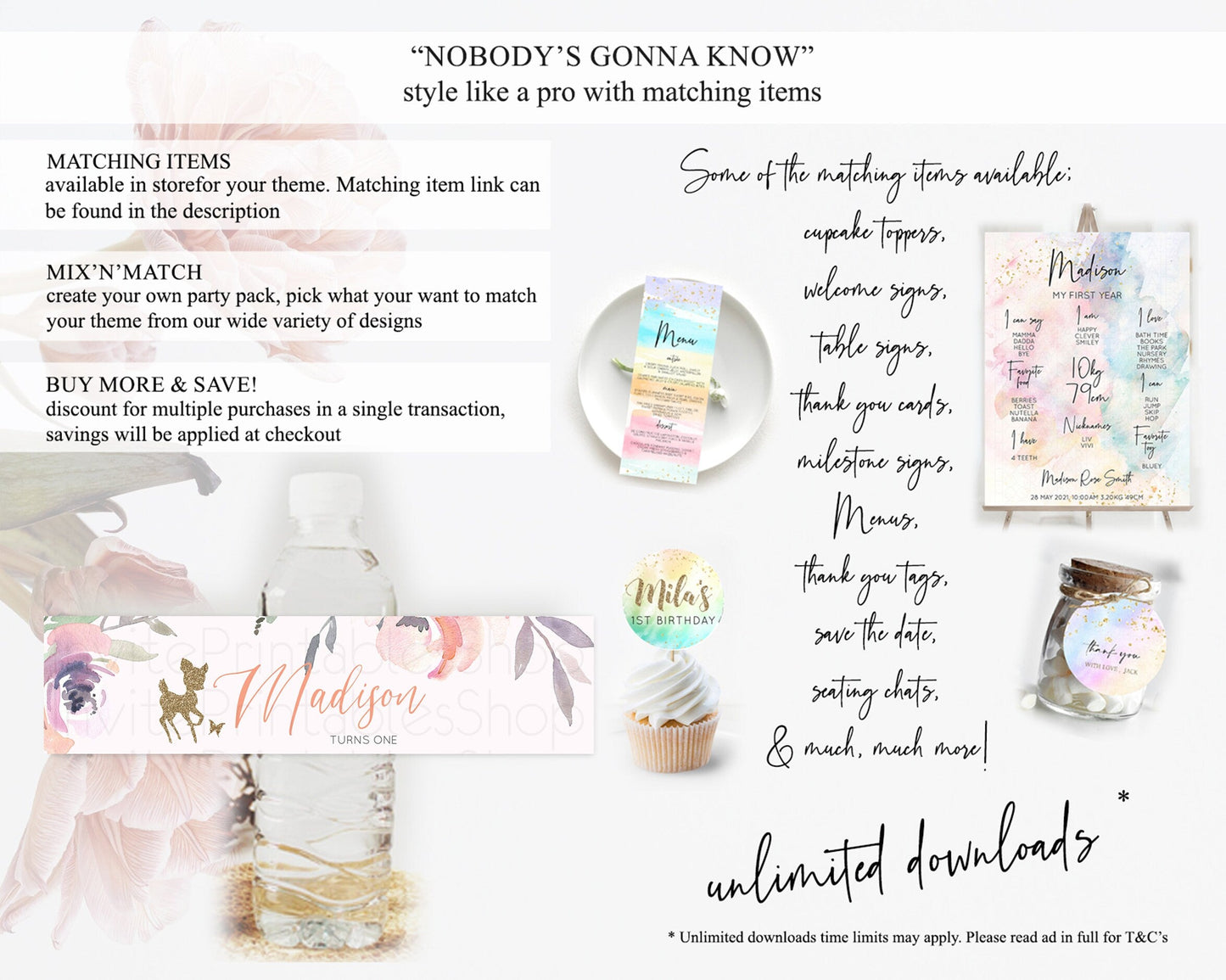Fawn Deer Water Label Template Pastel Floral Deer Enchanted Forest Butterfly Party Decor Birthday Baptism Baby Shower Bridal Shower D10196