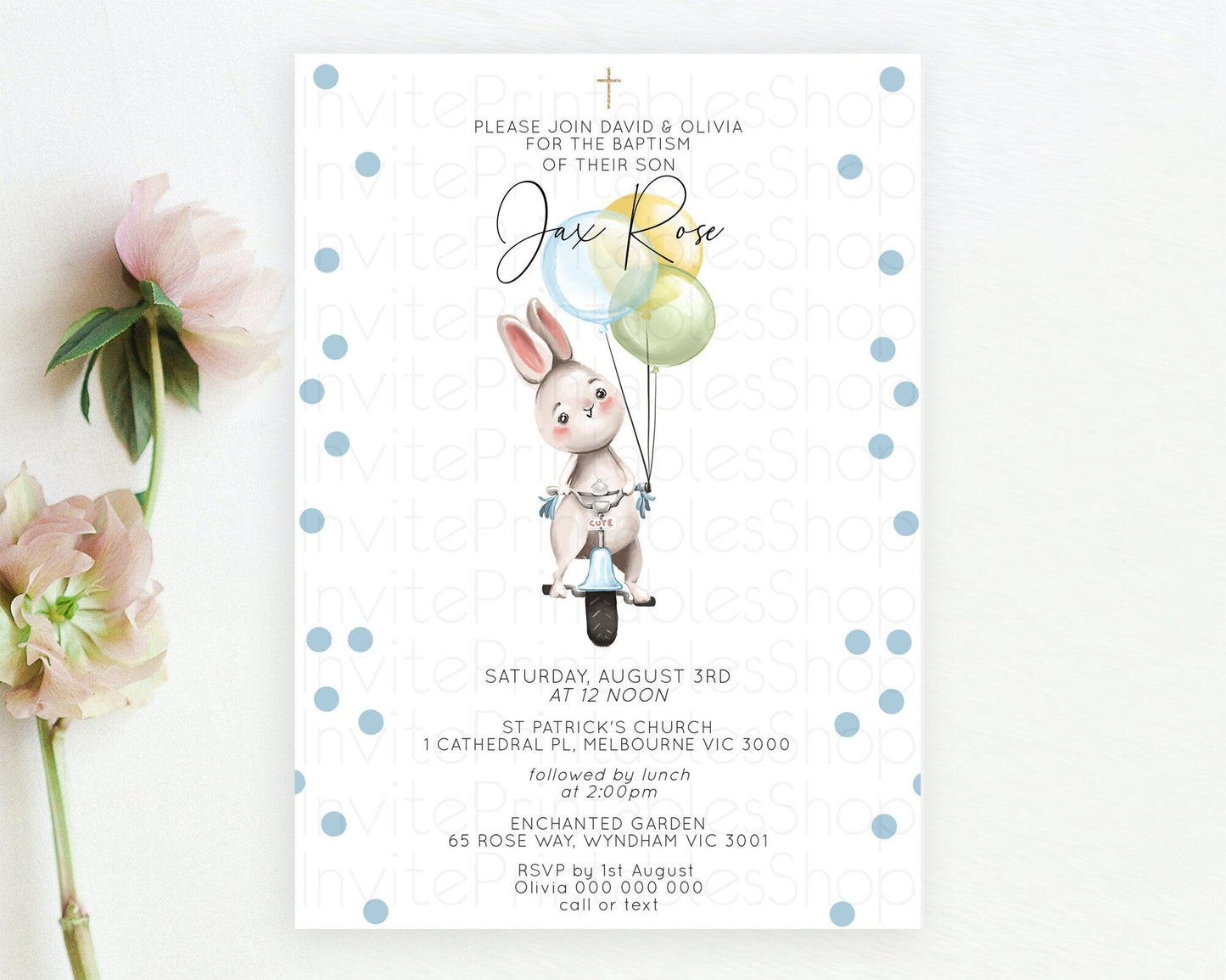 Bunny Baptism Invitation Pastel Bunny Baptism 1st Birthday Invitation Bunny Balloon Christening Invite Pastel Confetti Balloon Bunny D10783