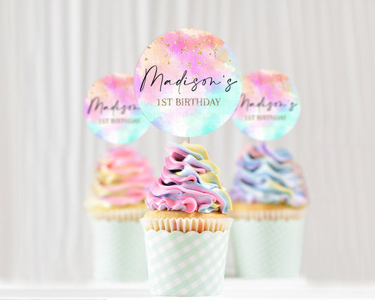Editable Rainbow Cupcake Toppers Pastel Cupcake Toppers Colorful Pastel Wate