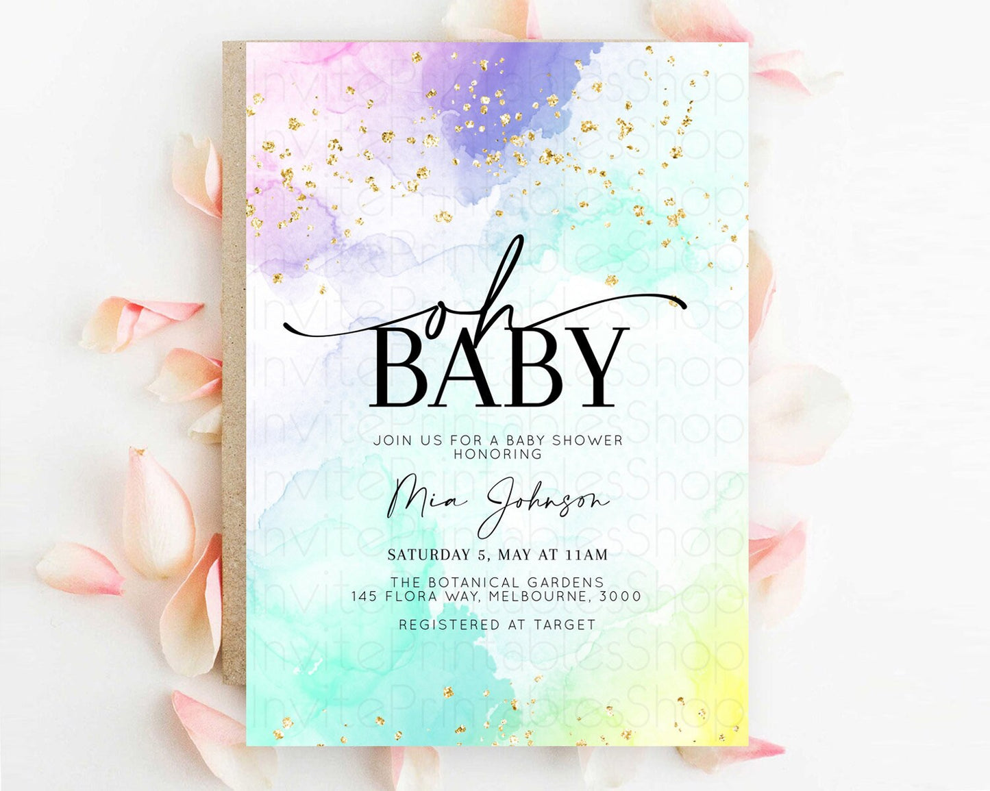 Pastel Baby Shower Invitation Rainbow Baby Shower Invitation Colorful Pastel Watercolor Invitation Gold Glitter Sprinkles Ombre D10157