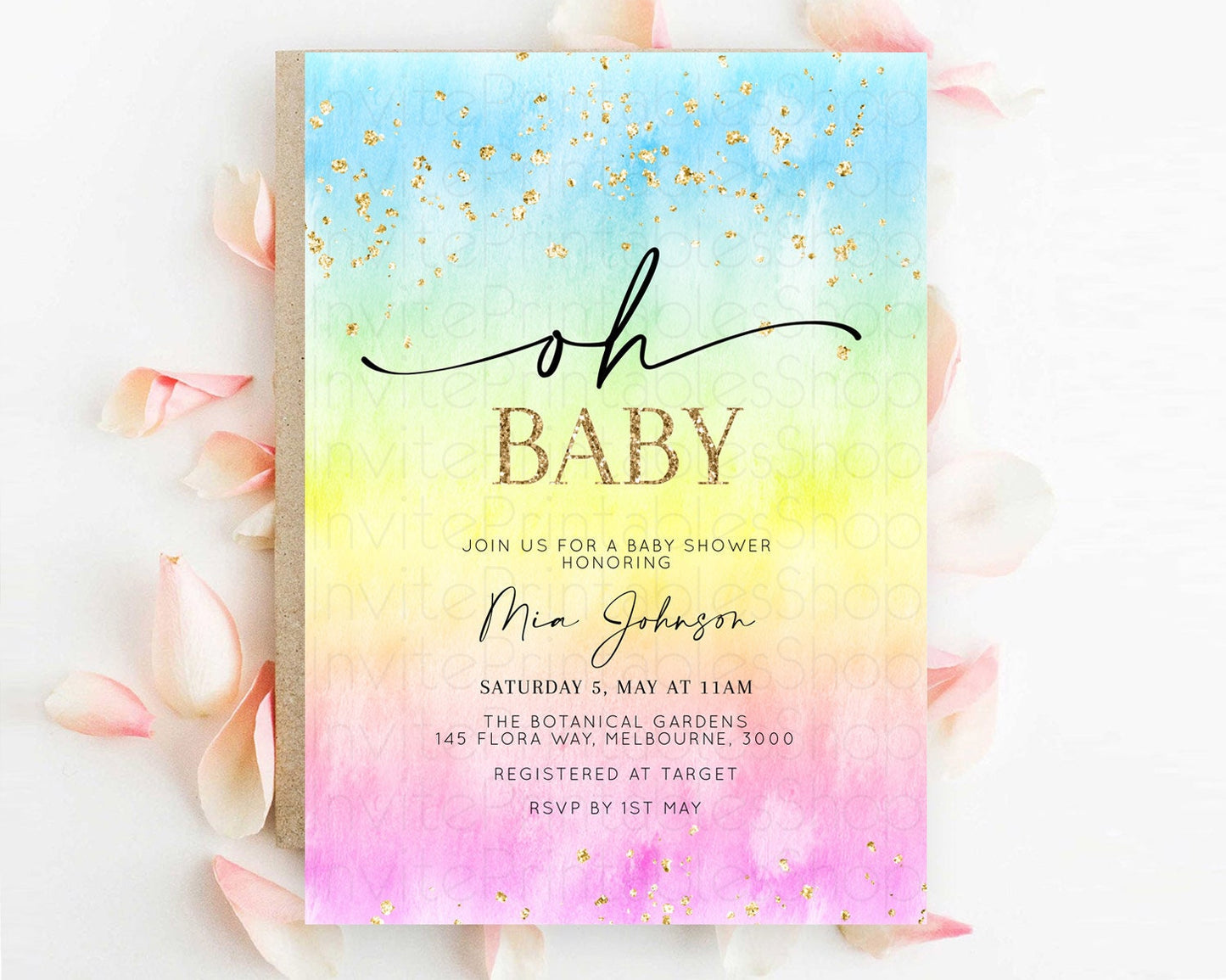 Pastel Baby Shower Invitation Rainbow Baby Shower Invitation Colorful Pastel Watercolor Invitation Gold Glitter Sprinkles Ombre D10483