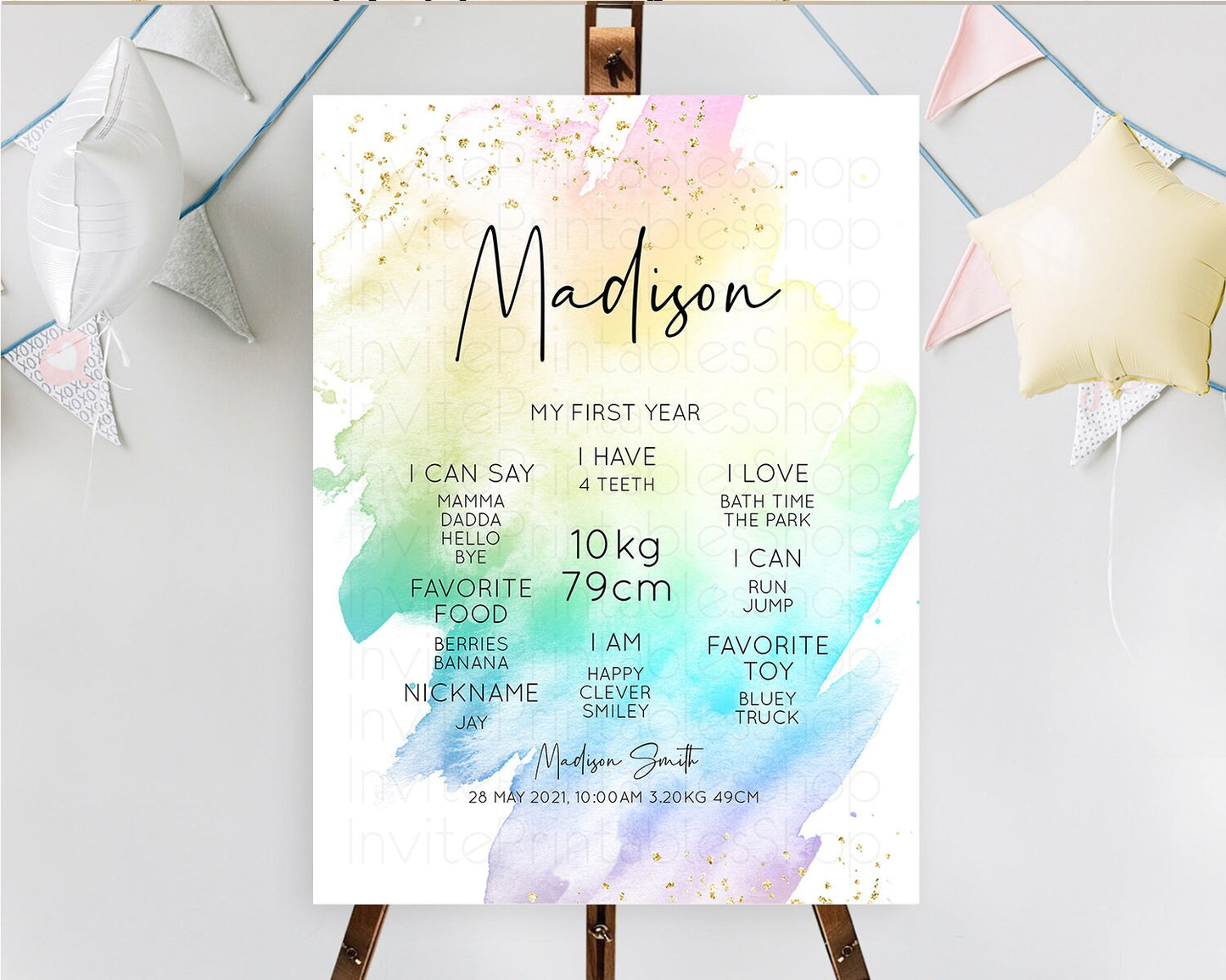 Pastel First Birthday Milestone Board Pastel Rainbow Milestone Poster Colorful Confetti Watercolor Glitter 1st Birthday Welcome Sign D10279