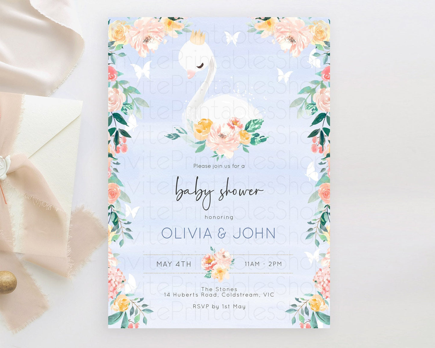 Swan Baby Shower Invitation, Swan Lake Princess Ballet, Secret Garden, Blue Watercolor, Pastel Floral, Pink Orange Flowers, Butterfly D10885