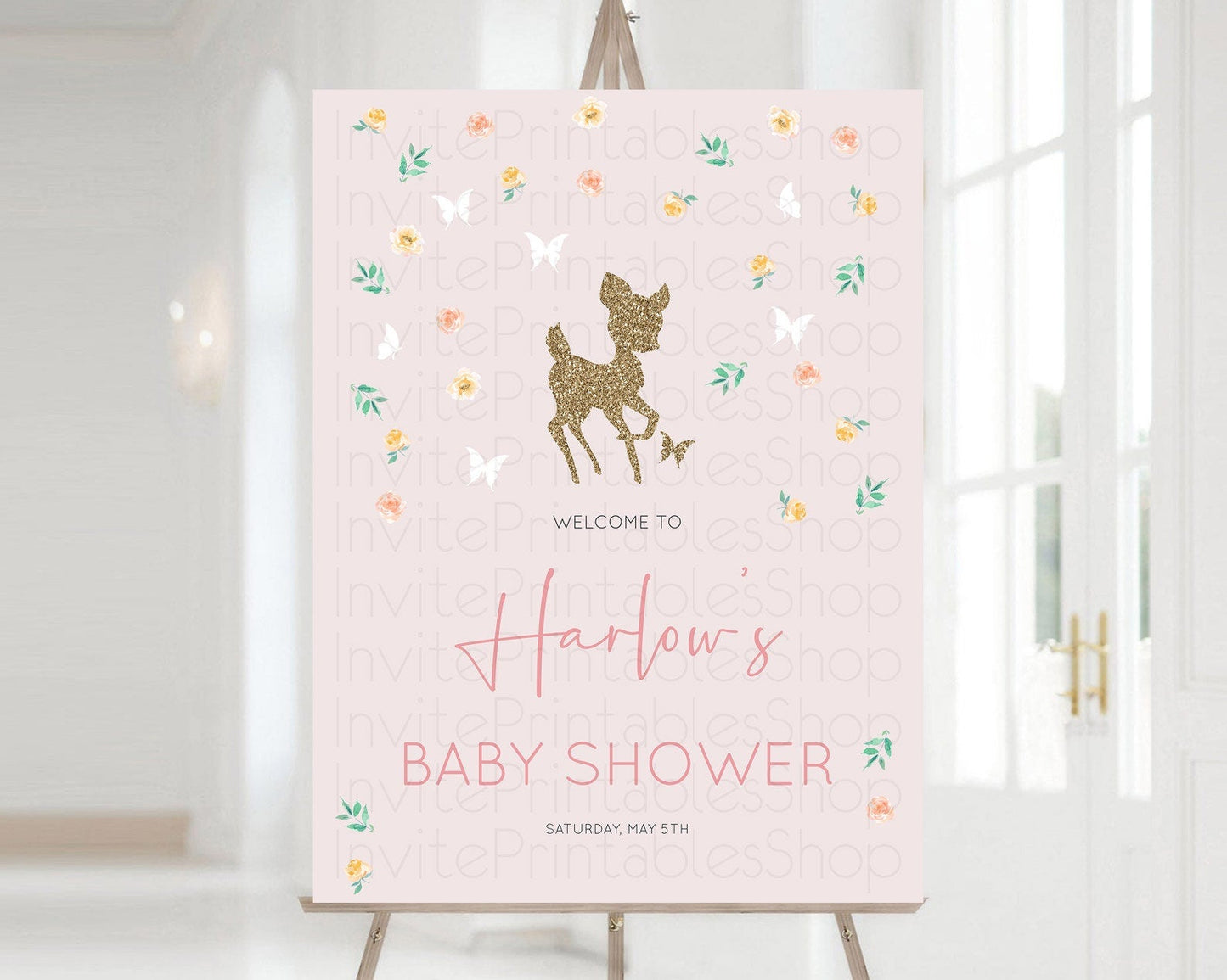 Fawn Baby Shower Welcome Sign Deer Welcome Board Floral Deer Welcome Poster Enchanted Forest Butterfly Pastel Floral Welcome Sign D10386