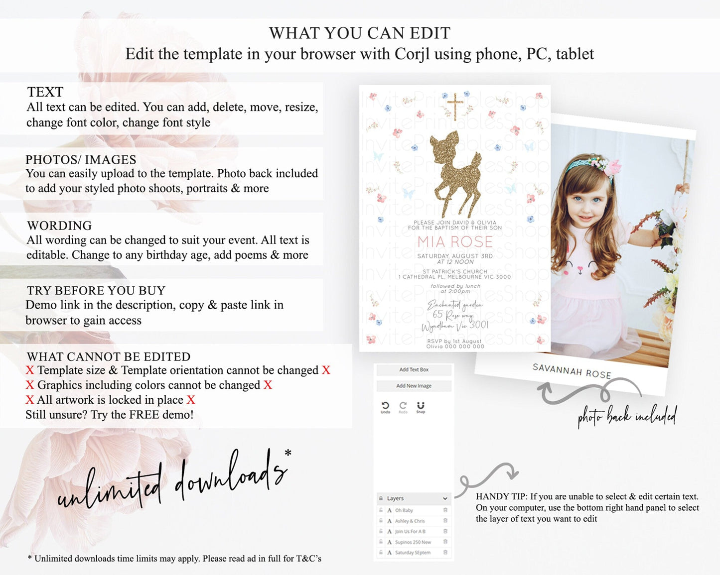 Fawn Baptism Invitation Deer Baptism 1st Birthday Invitation Enchanted Forest Christening Invitation Pastel Garden Butterfly Floral D10359
