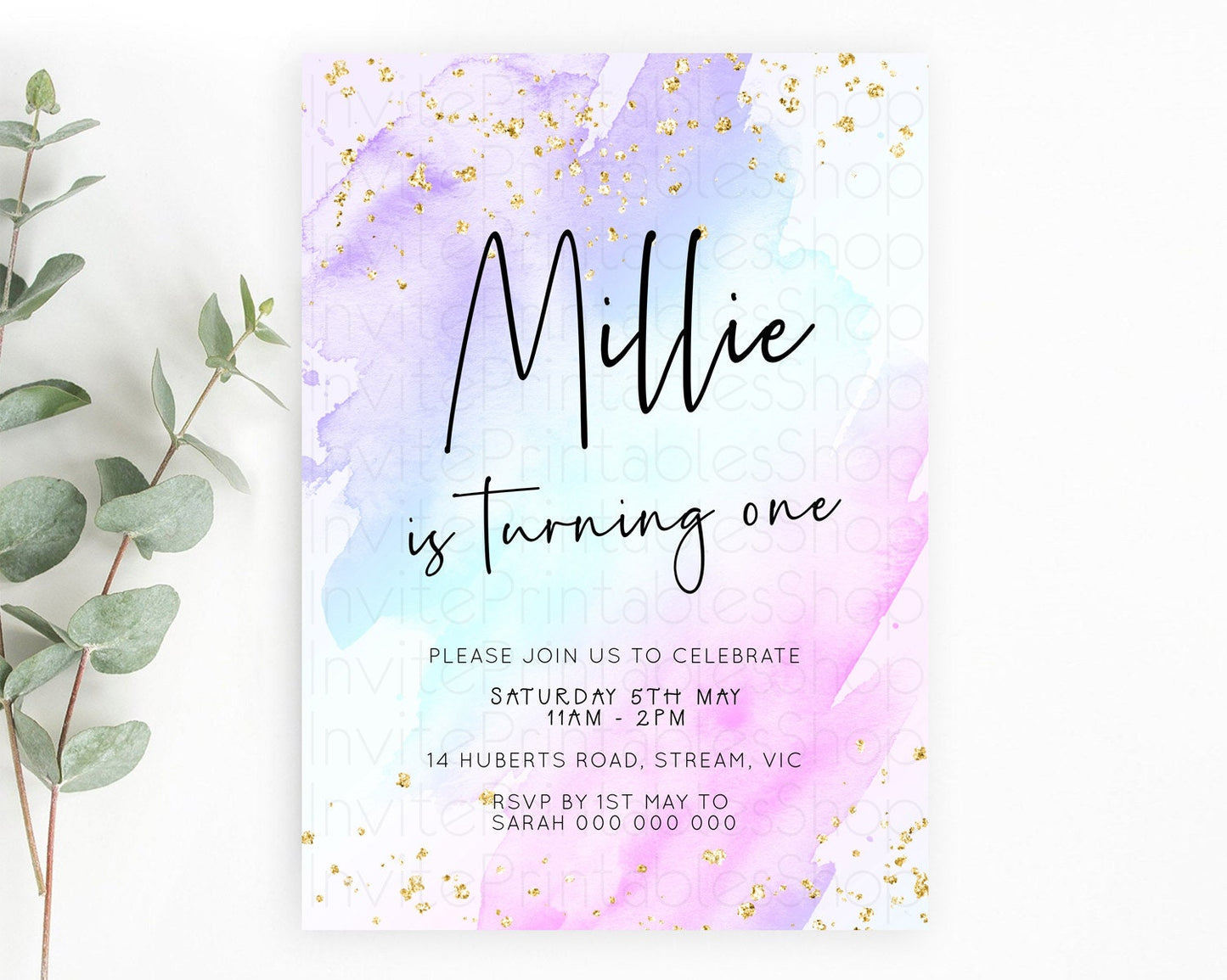 Pastel Birthday Invitation Ombre Watercolor Birthday Invitation Glitter Rainbow Color Splash 1st 2nd 3rd Birthday Invitation D23052