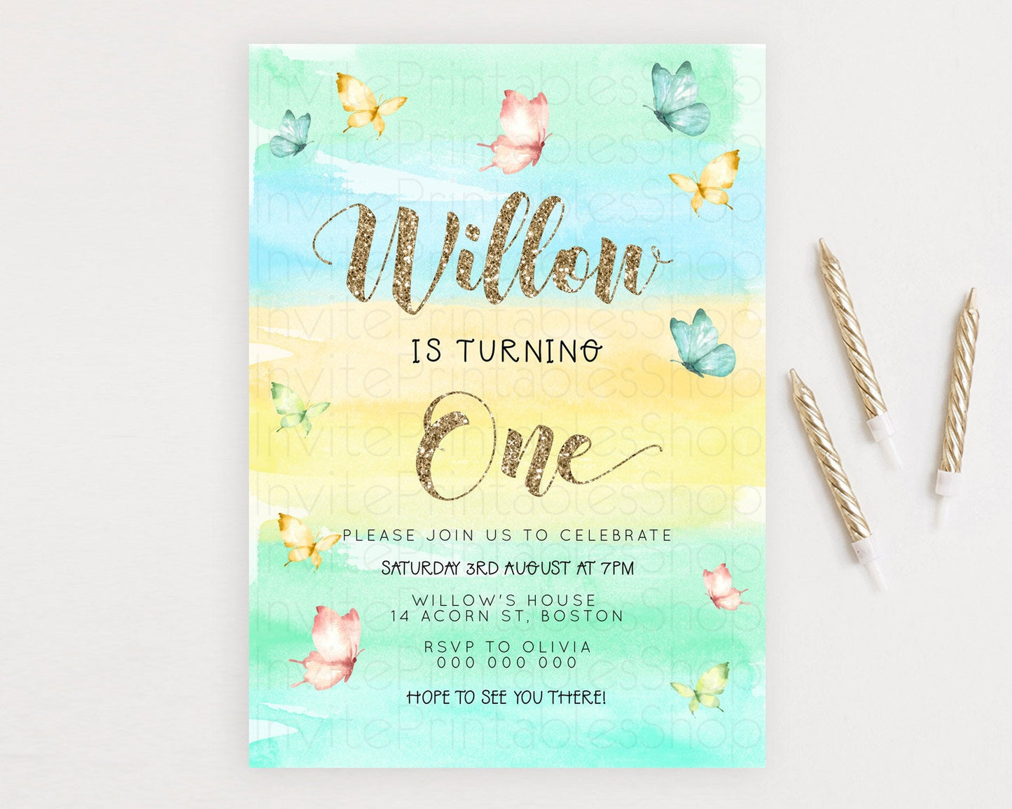 Pastel Butterfly Birthday Invitation Butterfly Birthday Invitation Colorful Splash Glitter Butterfly Garden 1st 2nd Birthday D23222