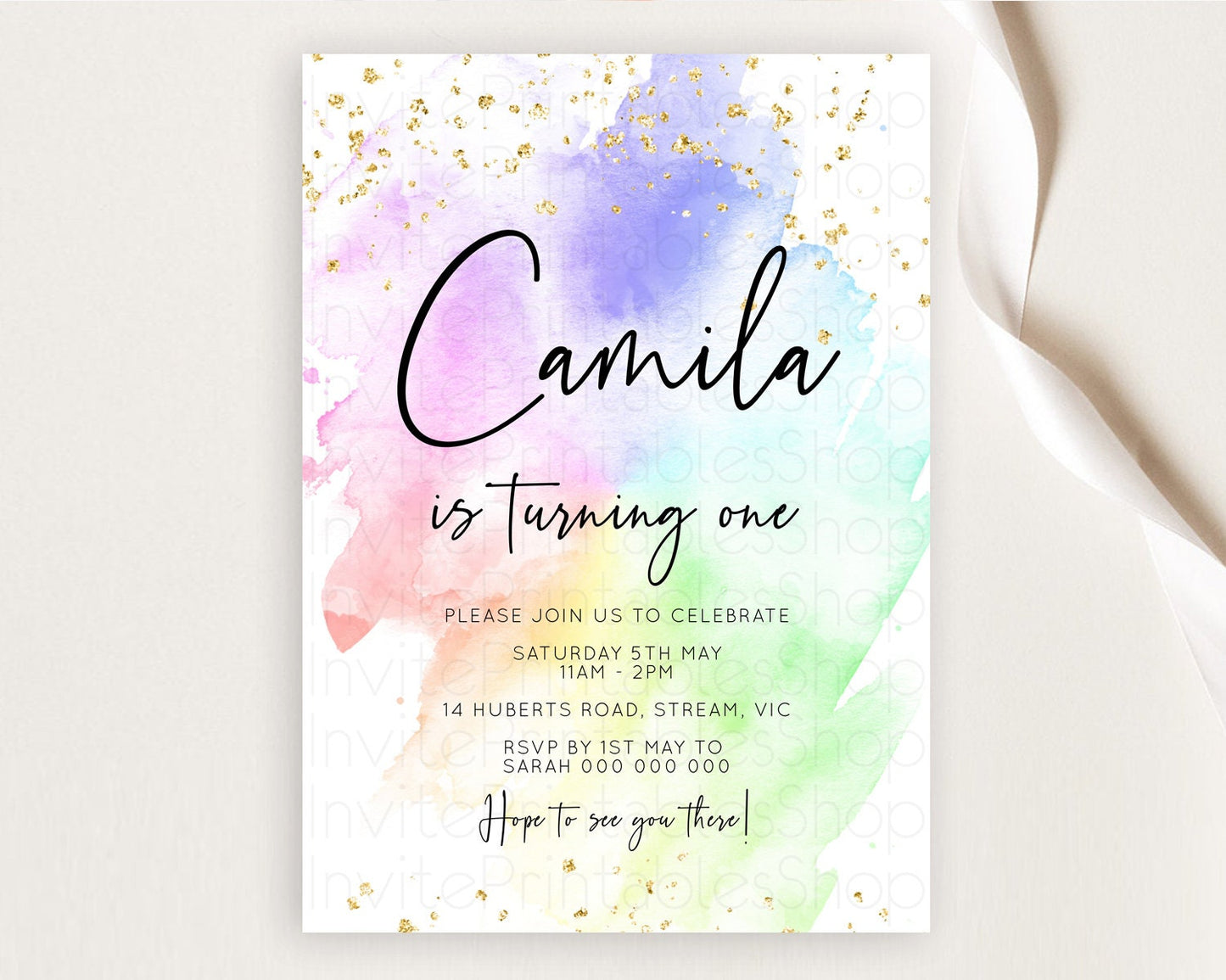 Rainbow Birthday Invitation Colorful Pastel Watercolor Invitation Gold Glitter Sprinkles Ombre Pastel 1st 2nd 3rd Birthday D10316