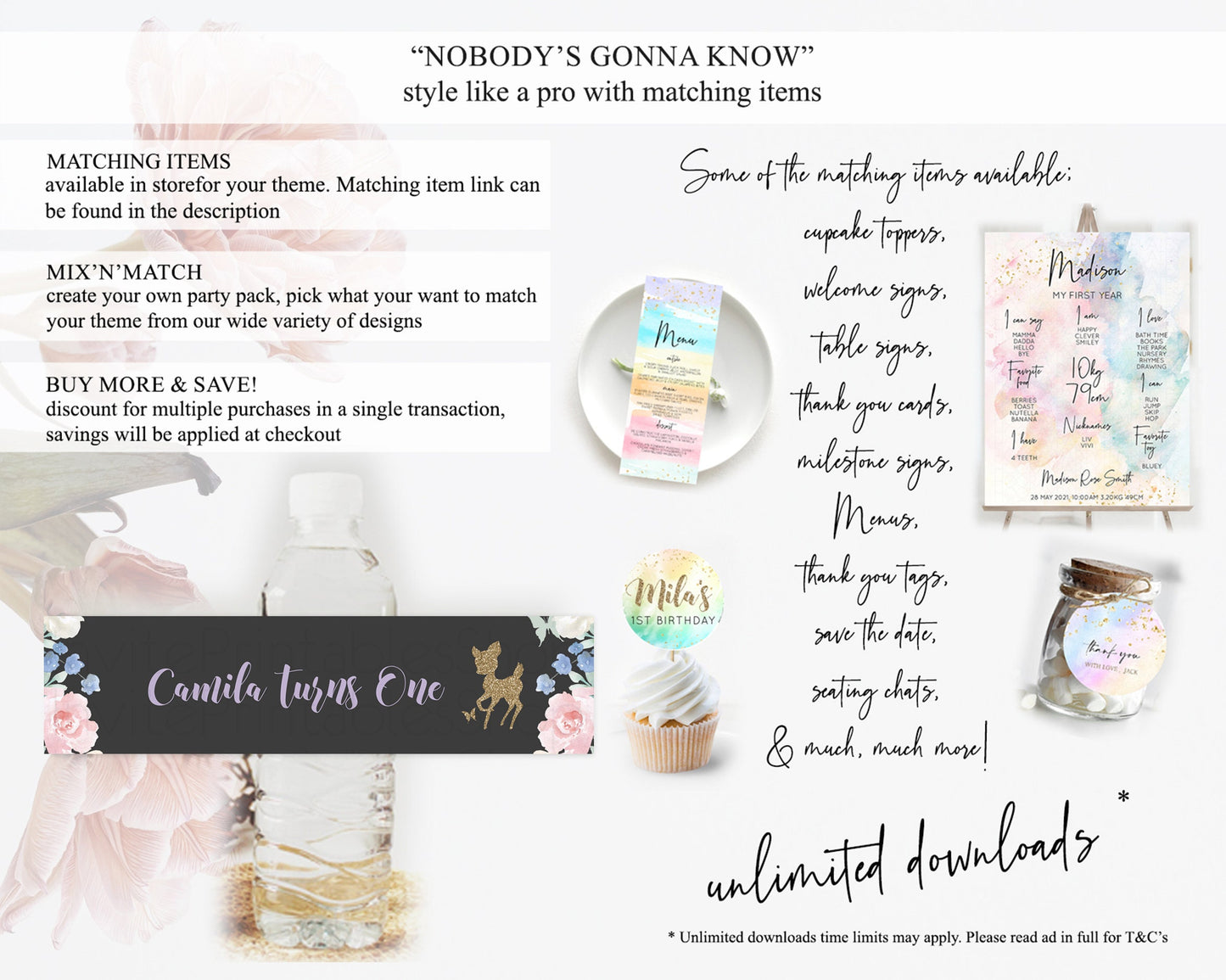 Fawn Deer Water Label Template Pastel Floral Deer Enchanted Forest Butterfly Party Decor Birthday Baptism Baby Shower Bridal Shower D10880