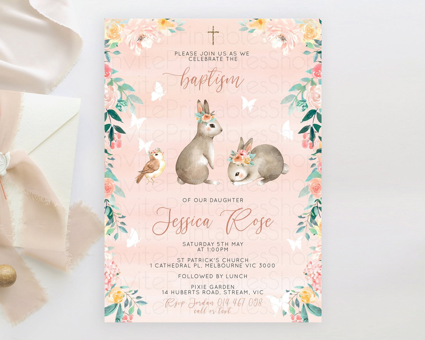 Bunny Baptism Invitation Floral Bunny Baptism 1st Birthday Invitation Pastel Bunny Christening Invite Watercolor Forest Bunny Party  D10922