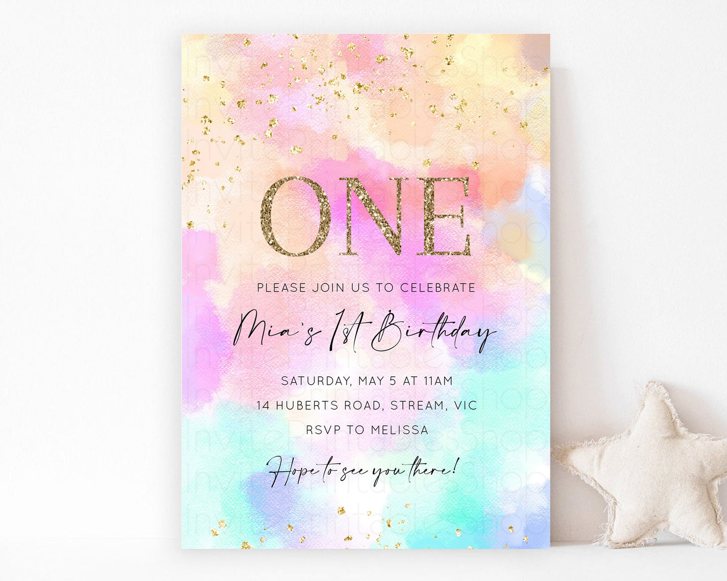 Rainbow Birthday Invitation Pastel Birthday Invite Ombre Watercolor Invite Enchanted Theme Colorful Splash Glitter Sprinkles 1st 2nd 3rd