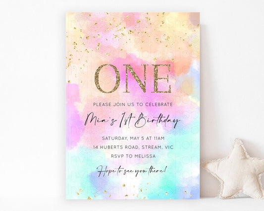 Rainbow Birthday Invitation Pastel Birthday Invite Ombre Watercolor Invite Enchanted Theme Colorful Splash Glitter Sprinkles 1st 2nd 3rd