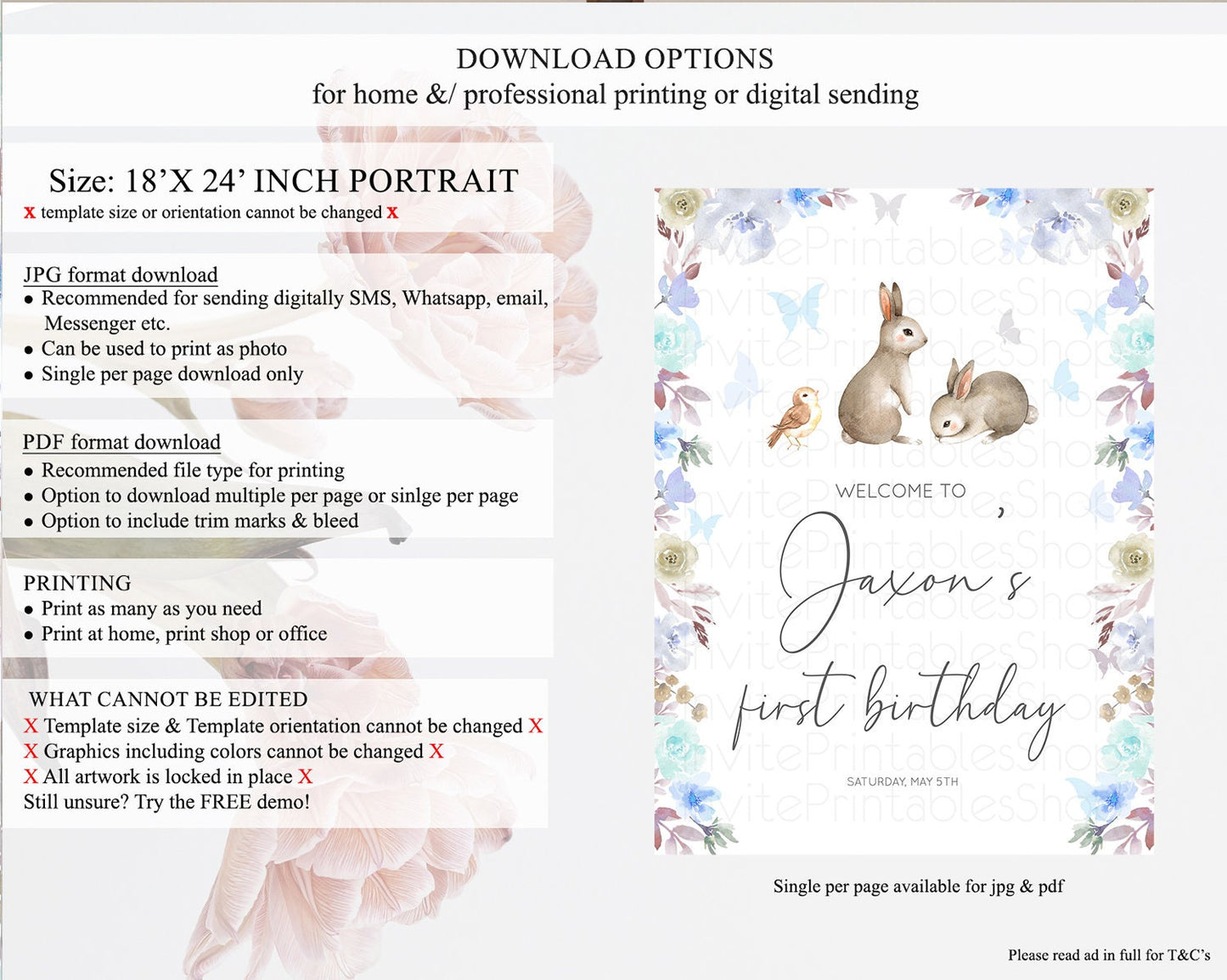 Bunny Welcome Sign Floral Bunny Welcome Board Pastel Flowers Woodland Bunny Welcome Poster Forest Bunny First Birthday Welcome Sign D10927