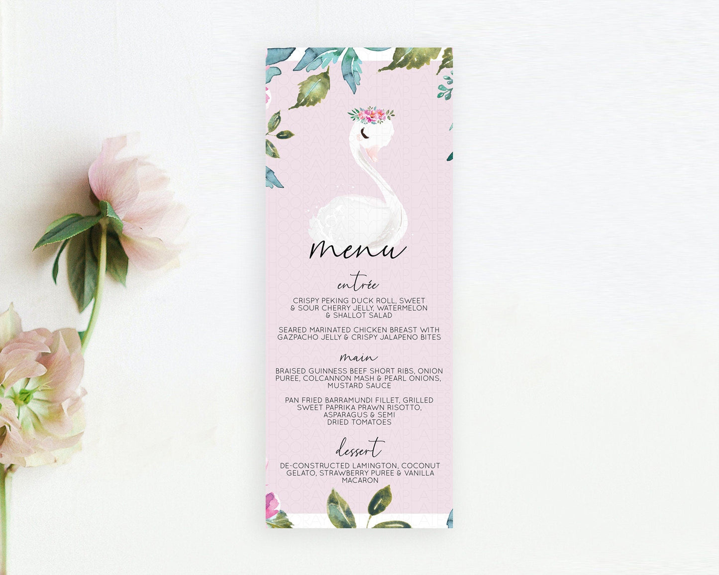 Swan Menu Swan Princess Ballet Menu Template Enchanted Swan Lake Table Decor Secret Garden Pastel Floral Dinner Dessert Food Menu D10757