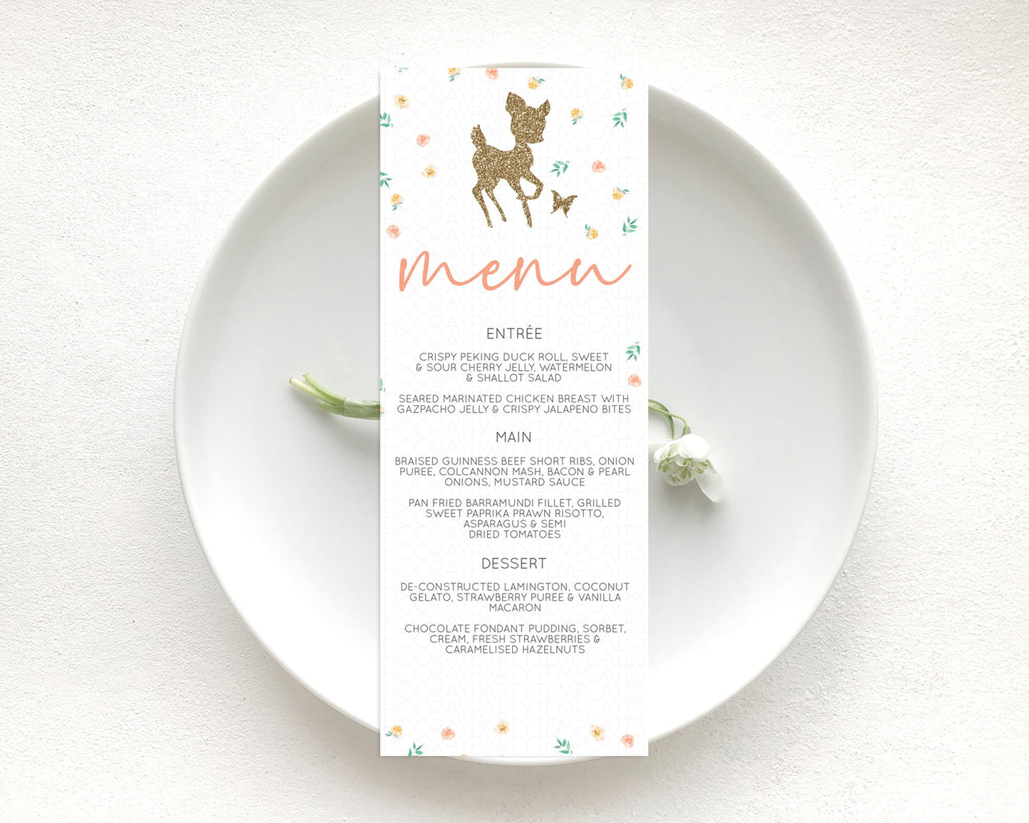 Fawn Menu Deer Menu Template Pastel Floral Deer Table Decor Enchanted Forest Butterfly Floral Dinner Dessert Menu Party Food Menu D10355