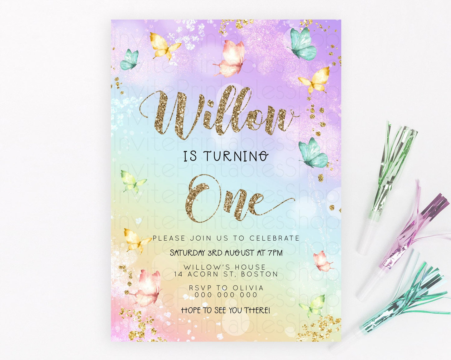 Pastel Butterfly Birthday Invitation Butterfly Birthday Invitation Colorful Splash Glitter Butterfly Garden 1st 2nd Birthday D23089