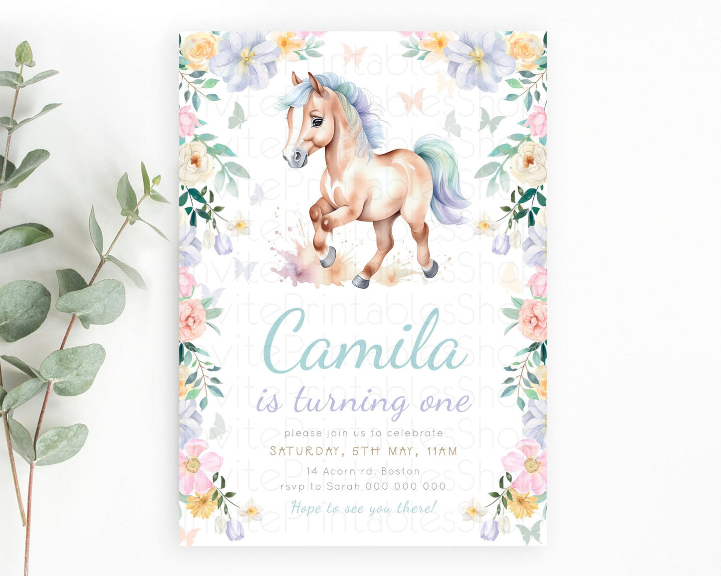 Horse Birthday Invitation, Galloping Wildflower Fields, Pastel Flowers, Butterflies, Flowers Accents for Equestrian & Cowgirls d23383