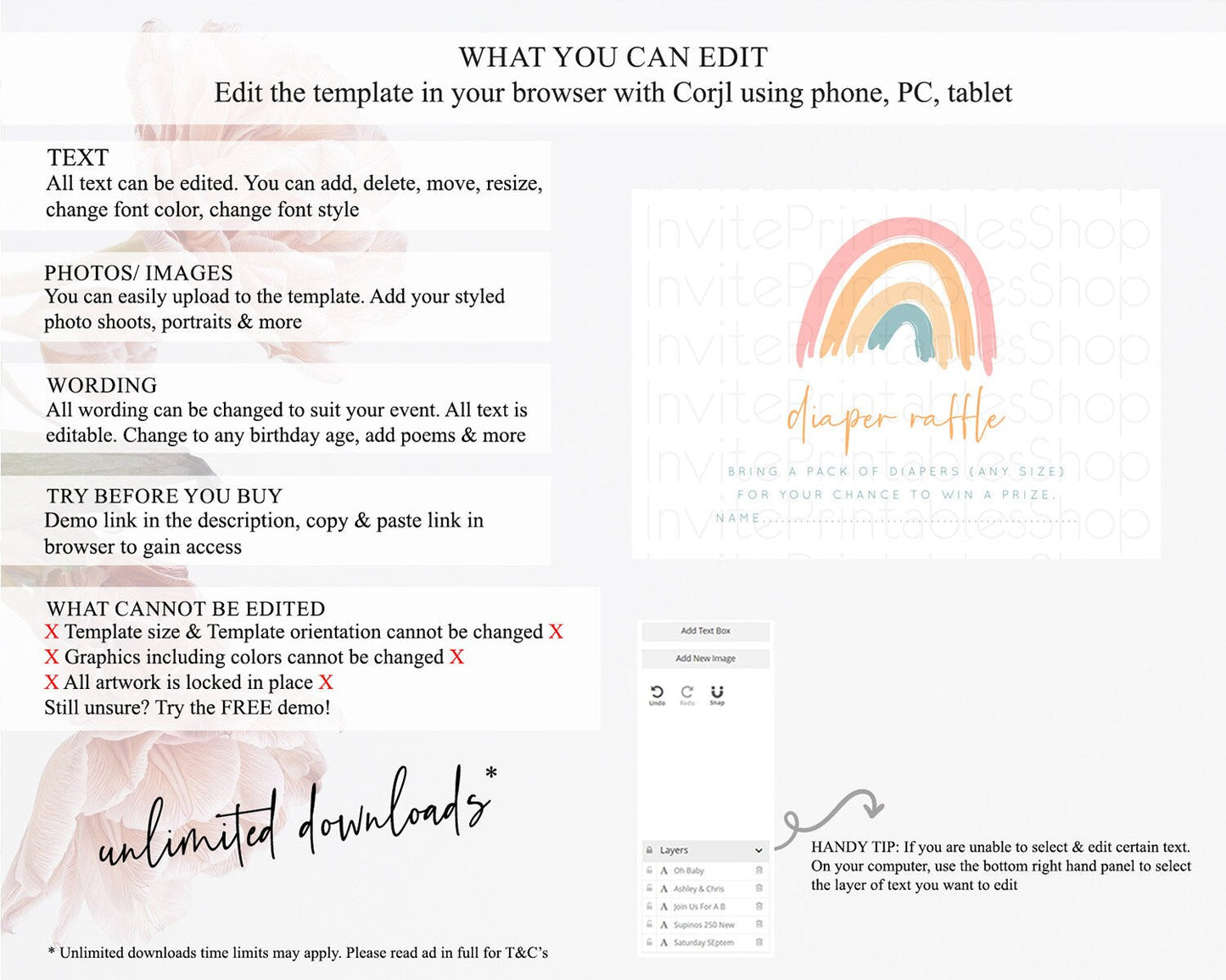 Pastel Rainbow Diaper Raffle Card Boho Rainbow Diaper Insert Boho Rainbow Diaper Ticket Pastel Watercolor Baby Shower Raffle Game D10351