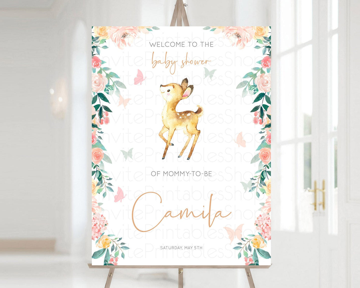 Fawn Baby Shower Welcome Sign Deer Welcome Board Floral Deer Welcome Poster Enchanted Forest Butterfly Pastel Floral Welcome Sign D10753