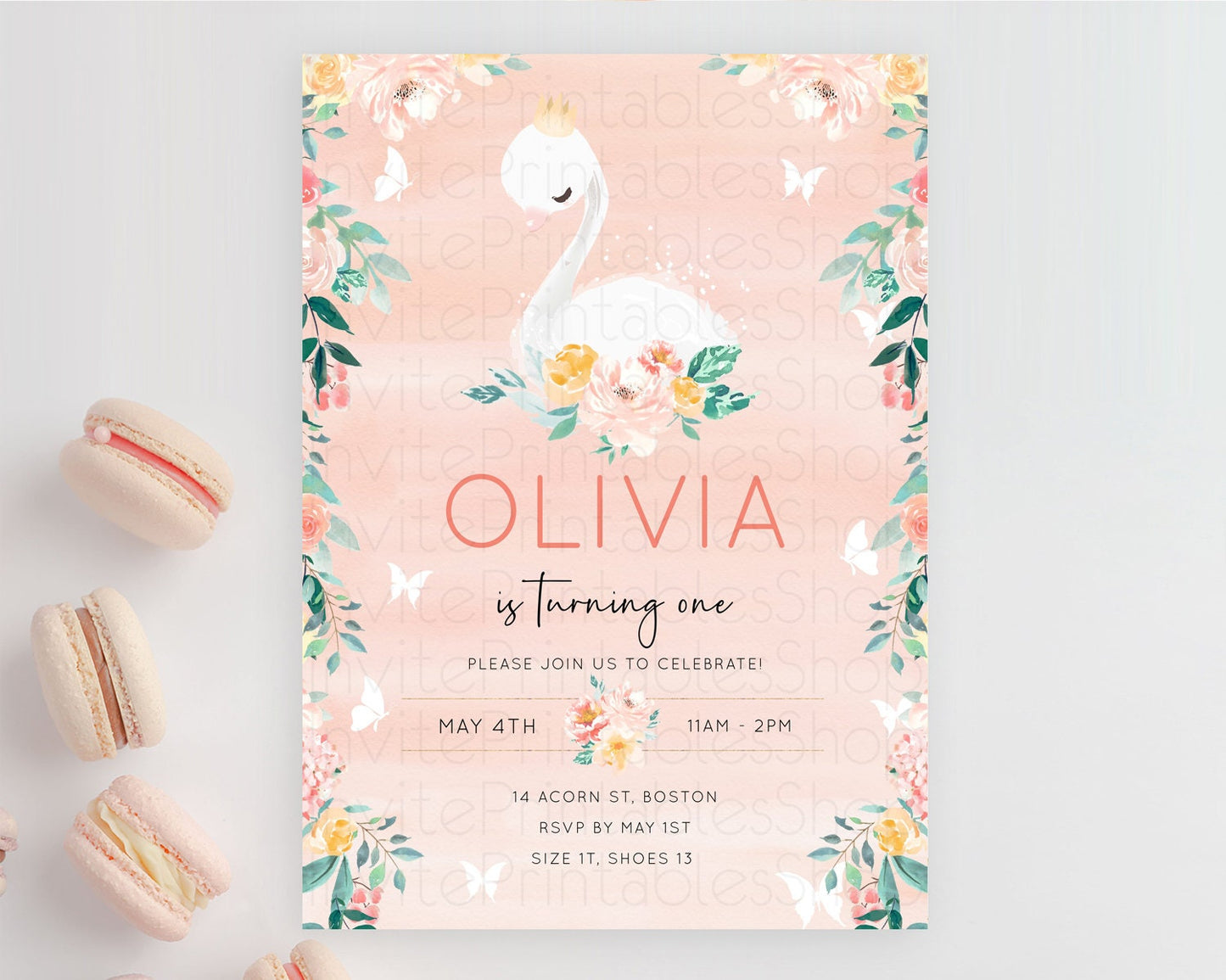 Swan Birthday Invitation Swan Princess Ballet Invitation Enchanted Forest Swan Lake Party Secret Garden Watercolour Pastel Floral D10884