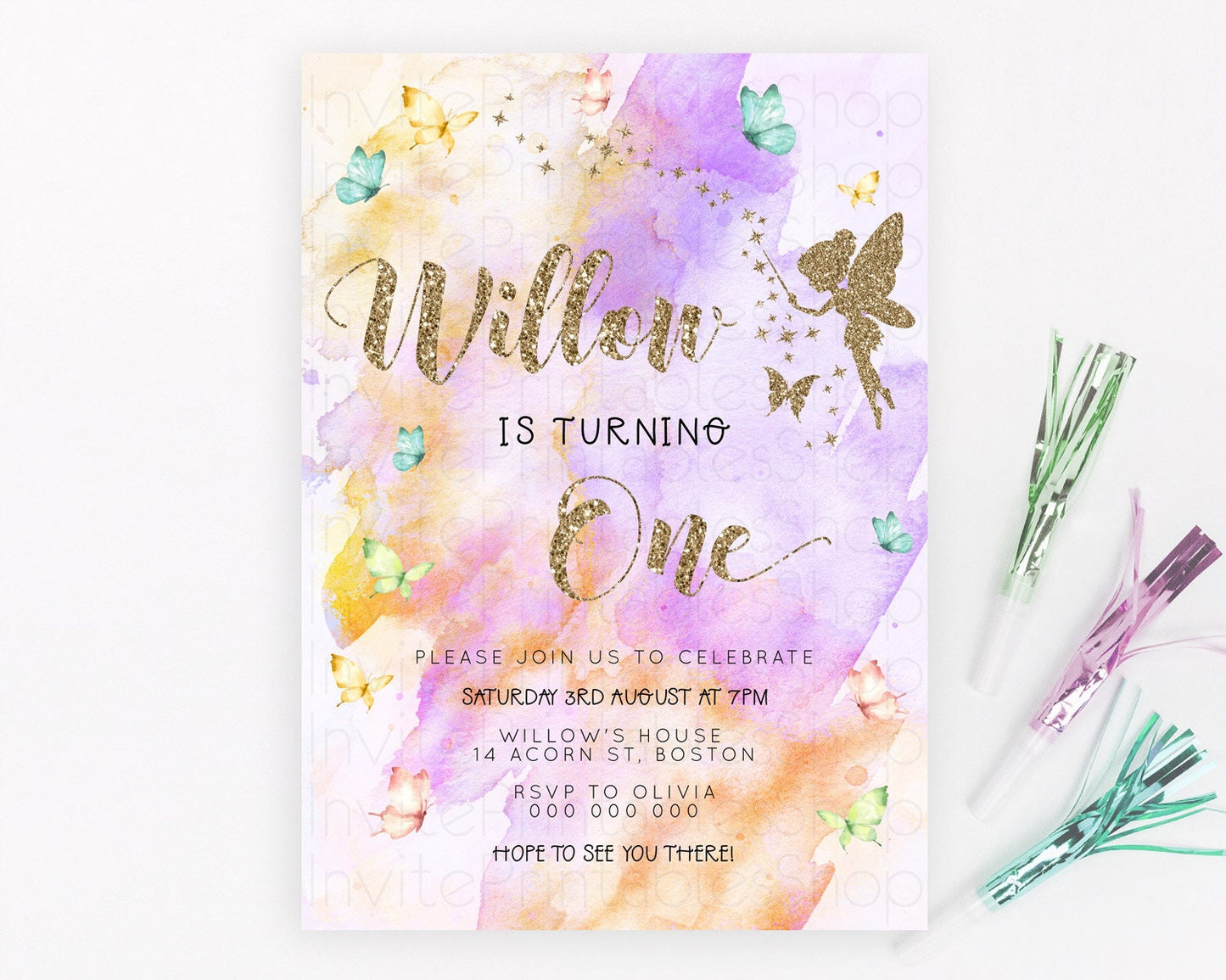 Pastel Fairy Birthday Invitation Pastel Butterflies Fairy Birthday Invitation Rainbow Ombre Watercolor 1st 2nd Birthday Invitation D23347