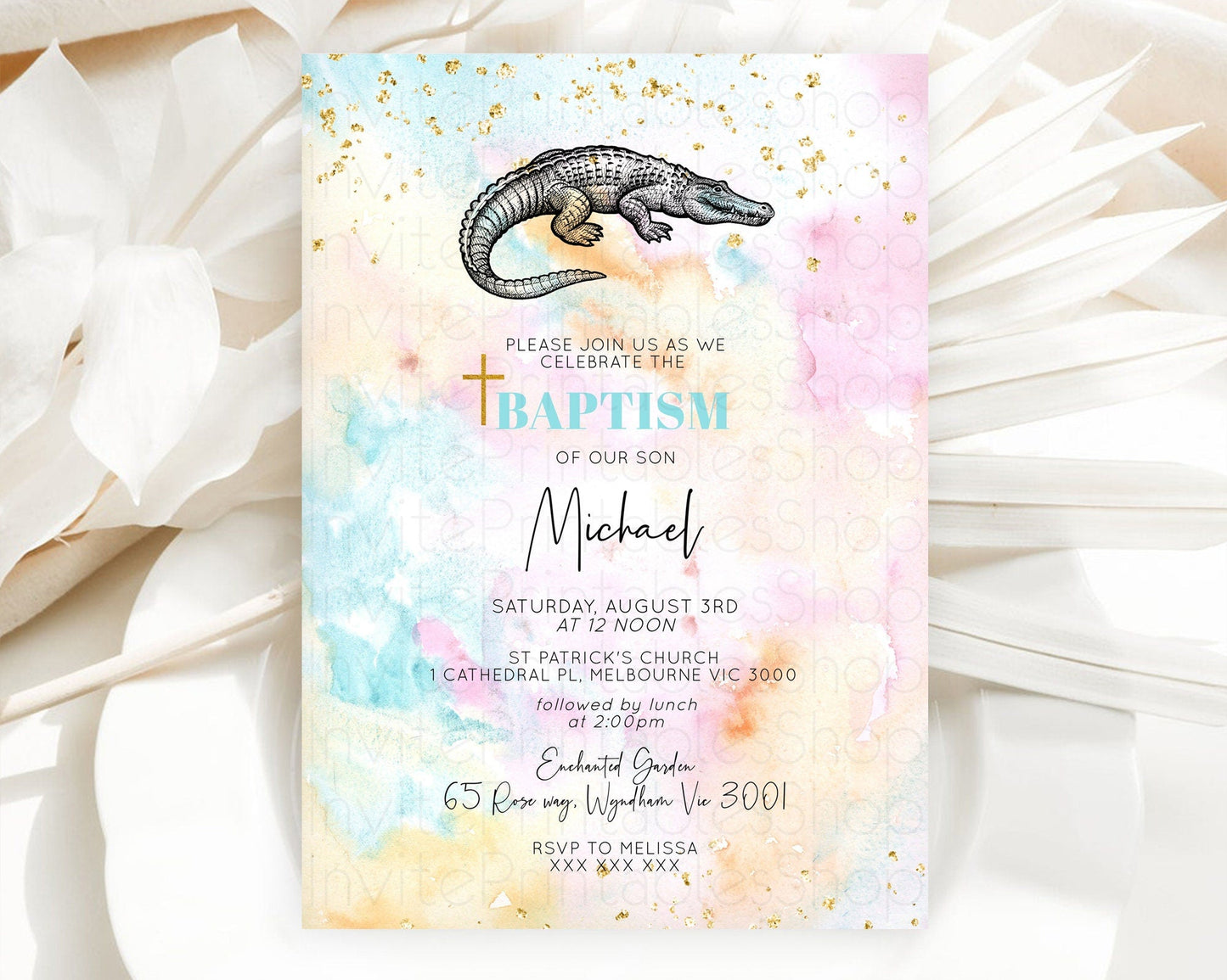 Crocodile Baptism Invitation Alligator Baptism 1st Birthday Invitation Pastel Watercolor Alligator Crocodile Christening Invitation D10285
