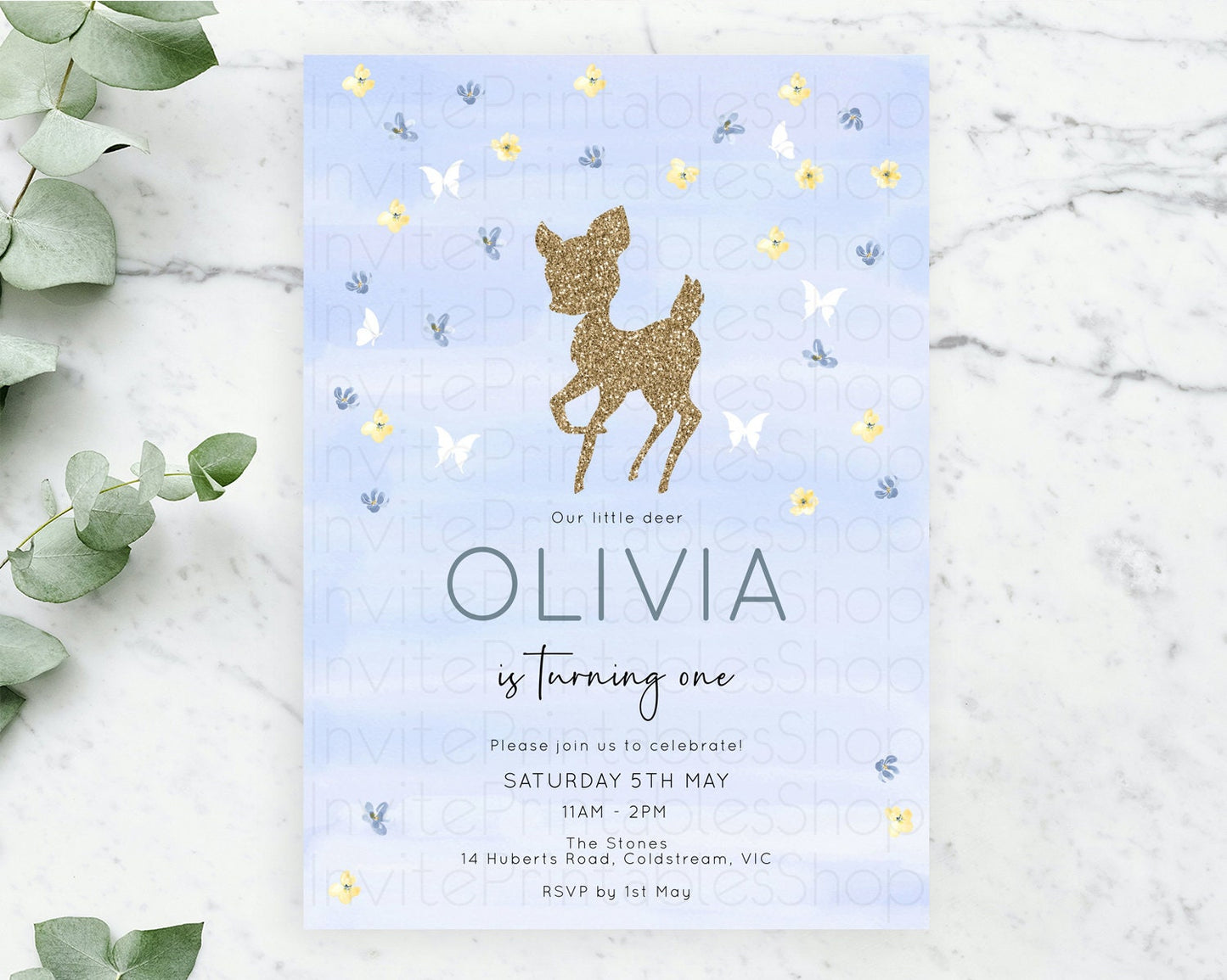 Fawn Birthday Invitation Deer Birthday Invitation Enchanted Forest Party Butterfly Pastel Flowers Whimsical 2nd 1st First Birthday D10863