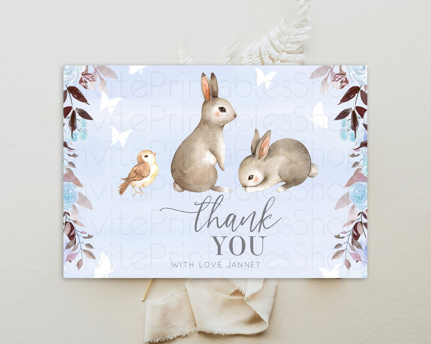 Bunny Thank You Floral Bunny Thank You Card Pastel Flowers Bunny Birthday Thank You Card Secret Garden Bunny Teacher Thank You Cards D10923