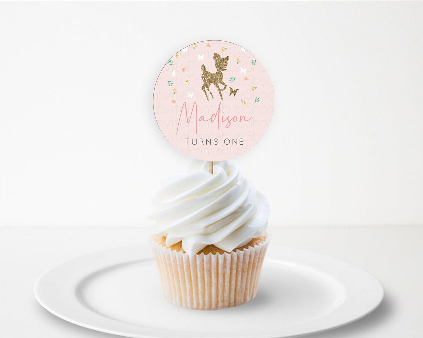 Fawn Cupcake Toppers Deer Cupcake Toppers Enchanted Forest Party Butterfly Pastel Flowers Woofland Cupcake Toppers First Birthday D10386