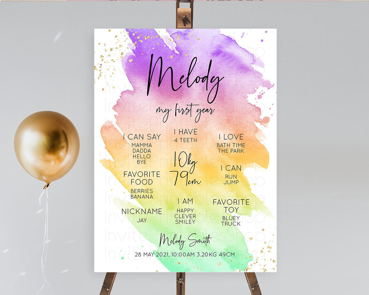 Pastel First Birthday Milestone Board Pastel Rainbow Milestone Poster Colorful Confetti Watercolor Glitter 1st Birthday Welcome Sign D10518