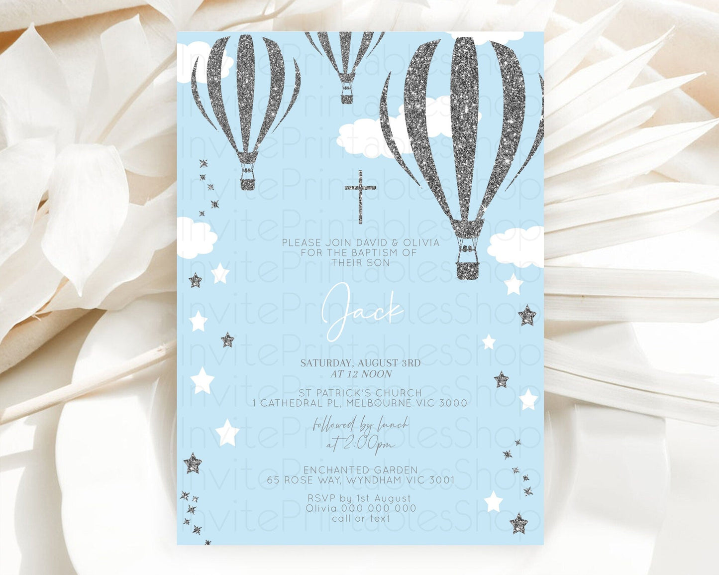 Hot Air Balloon Baptism Invitation Hot Air Balloon Baptism Birthday Invitation Adventure Awaits Up Up Away Glitter Blue Watercolor D10335