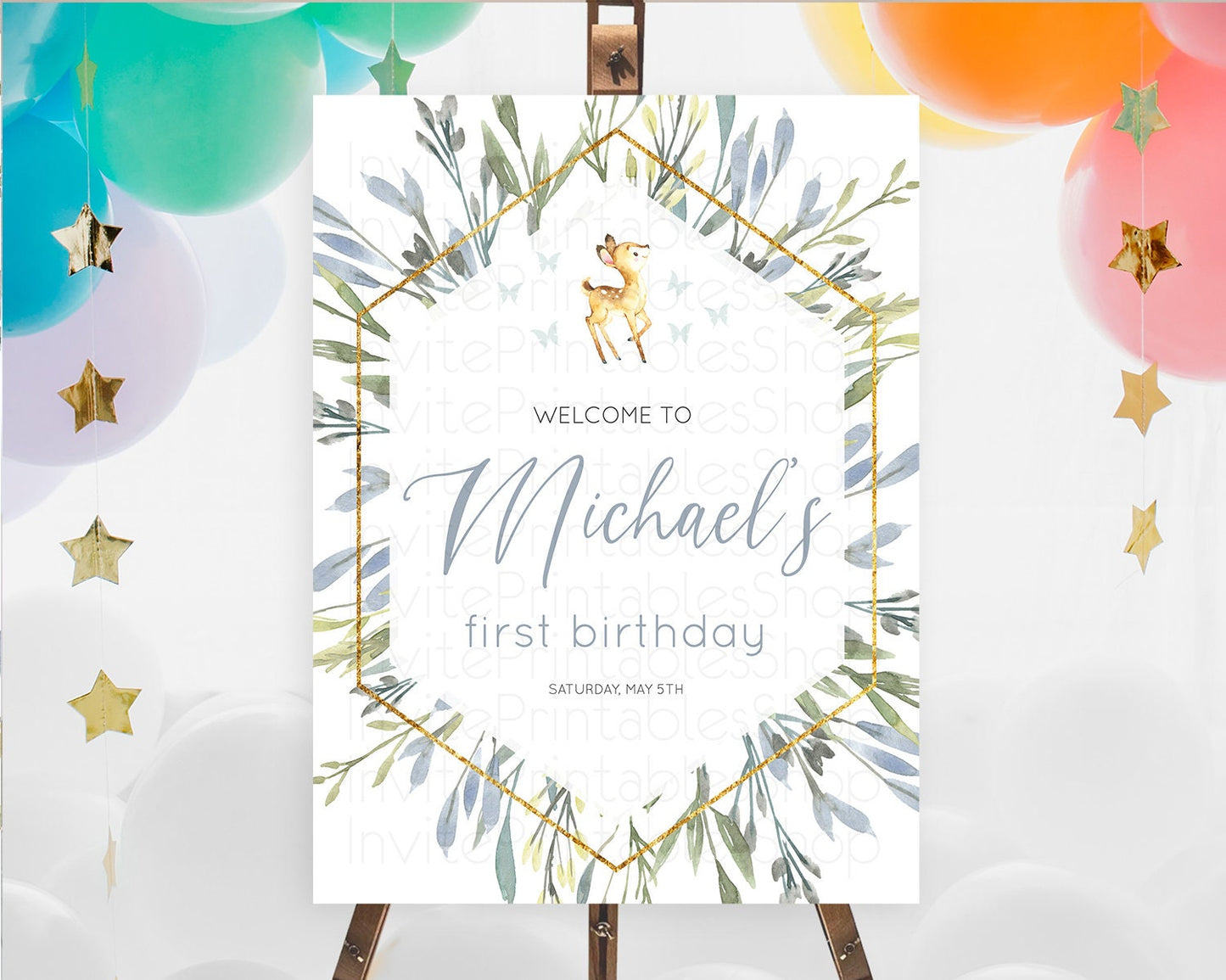 Fawn Welcome Sign Deer Welcome Board Floral Deer Welcome Poster Enchanted Forest Butterfly Pastel Floral First Birthday Welcome Sign D10400