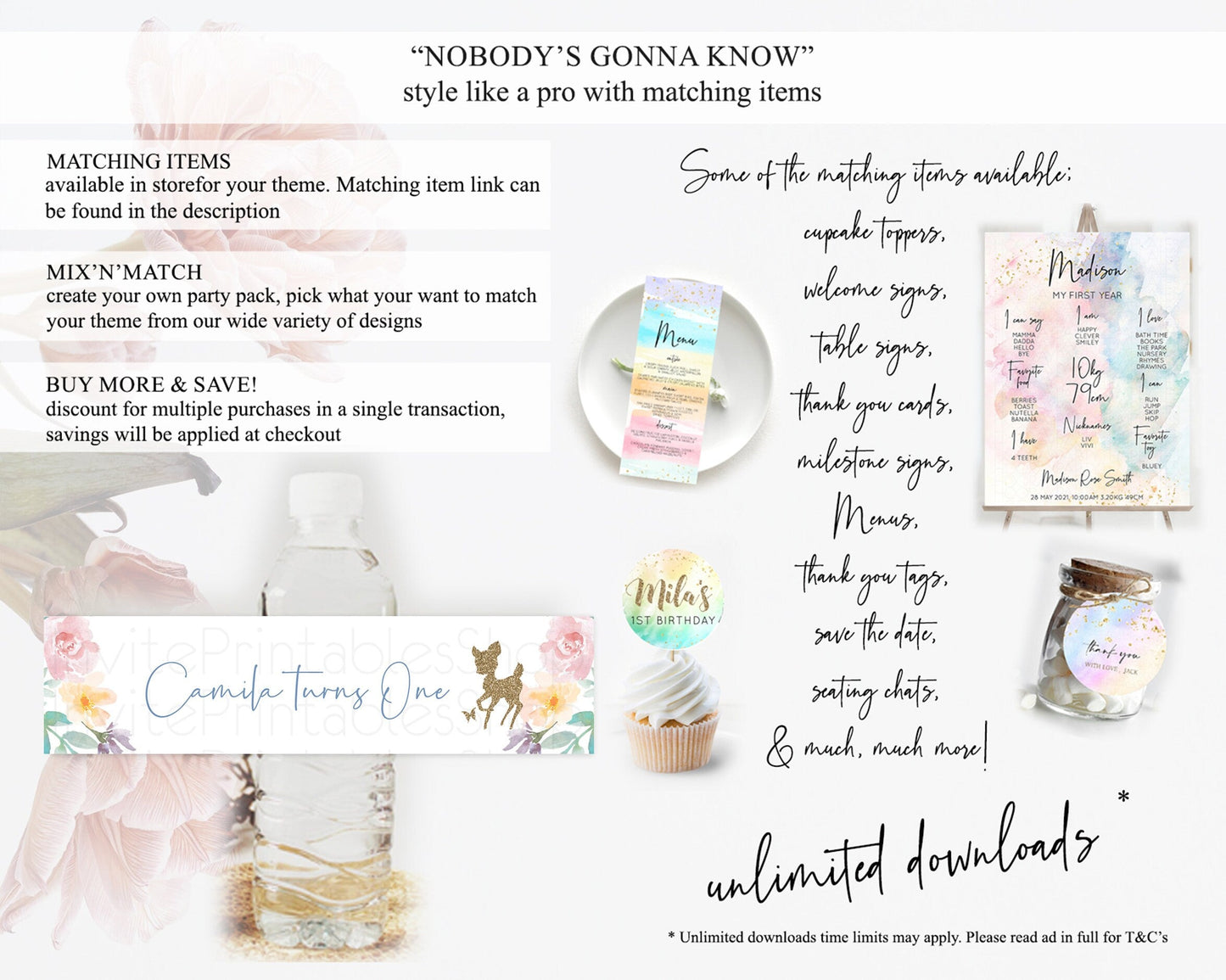 Fawn Deer Water Label Template Pastel Floral Deer Enchanted Forest Butterfly Party Decor Birthday Baptism Baby Shower Bridal Shower D10878