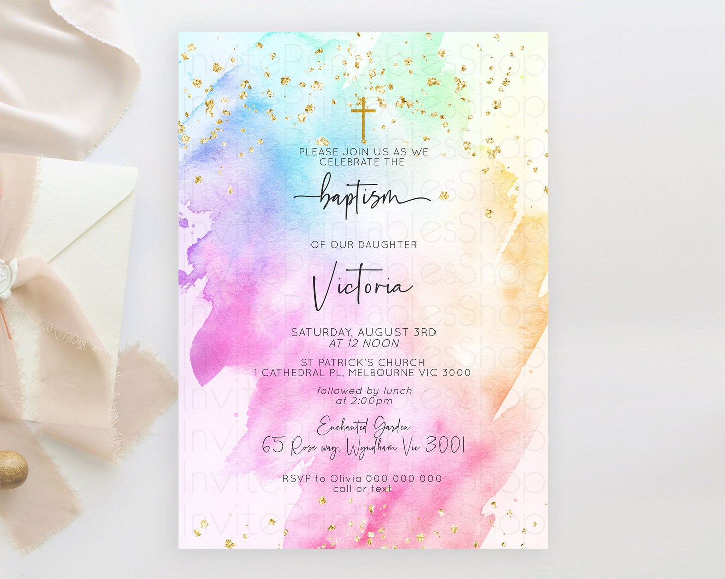 Pastel Baptism Invitation Pastel Colors Watercolor Baptism 1st Birthday Party Gold Ombre Pastel Rainbow Christening Holy Communion D10449