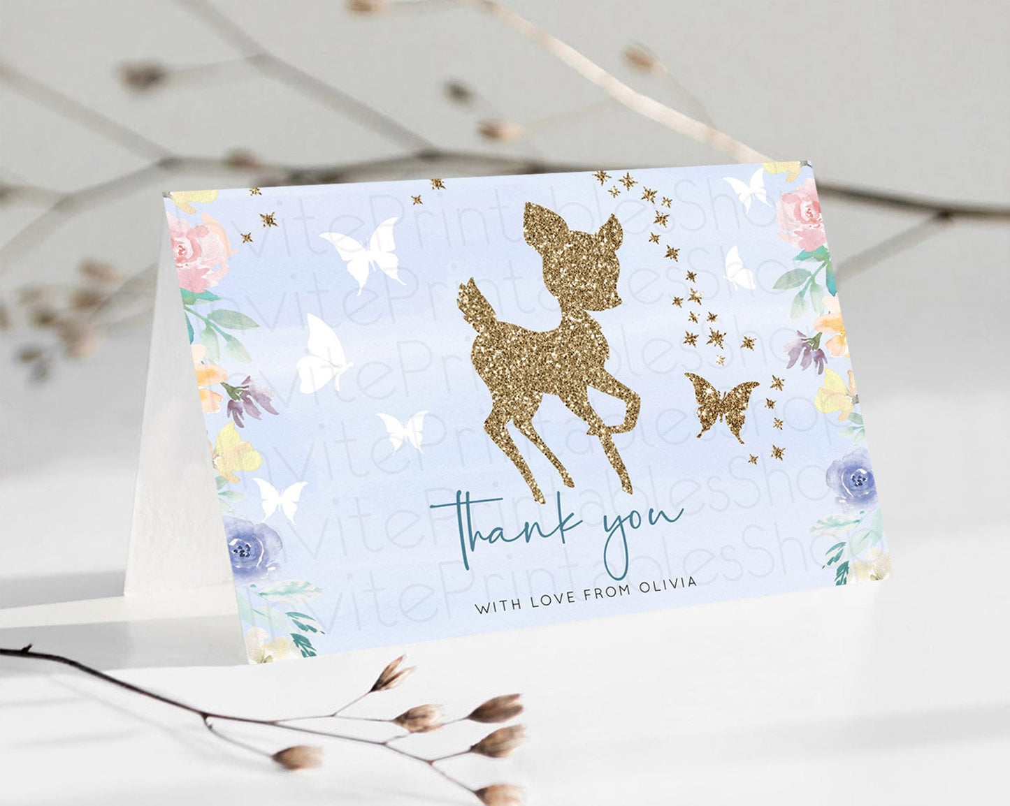 Fawn Thank You Deer Thank You Card Pastel Floral Deer Birthday Thank You Card Enchanted Forest Butterfly Deer Teacher Thank You Card D10879