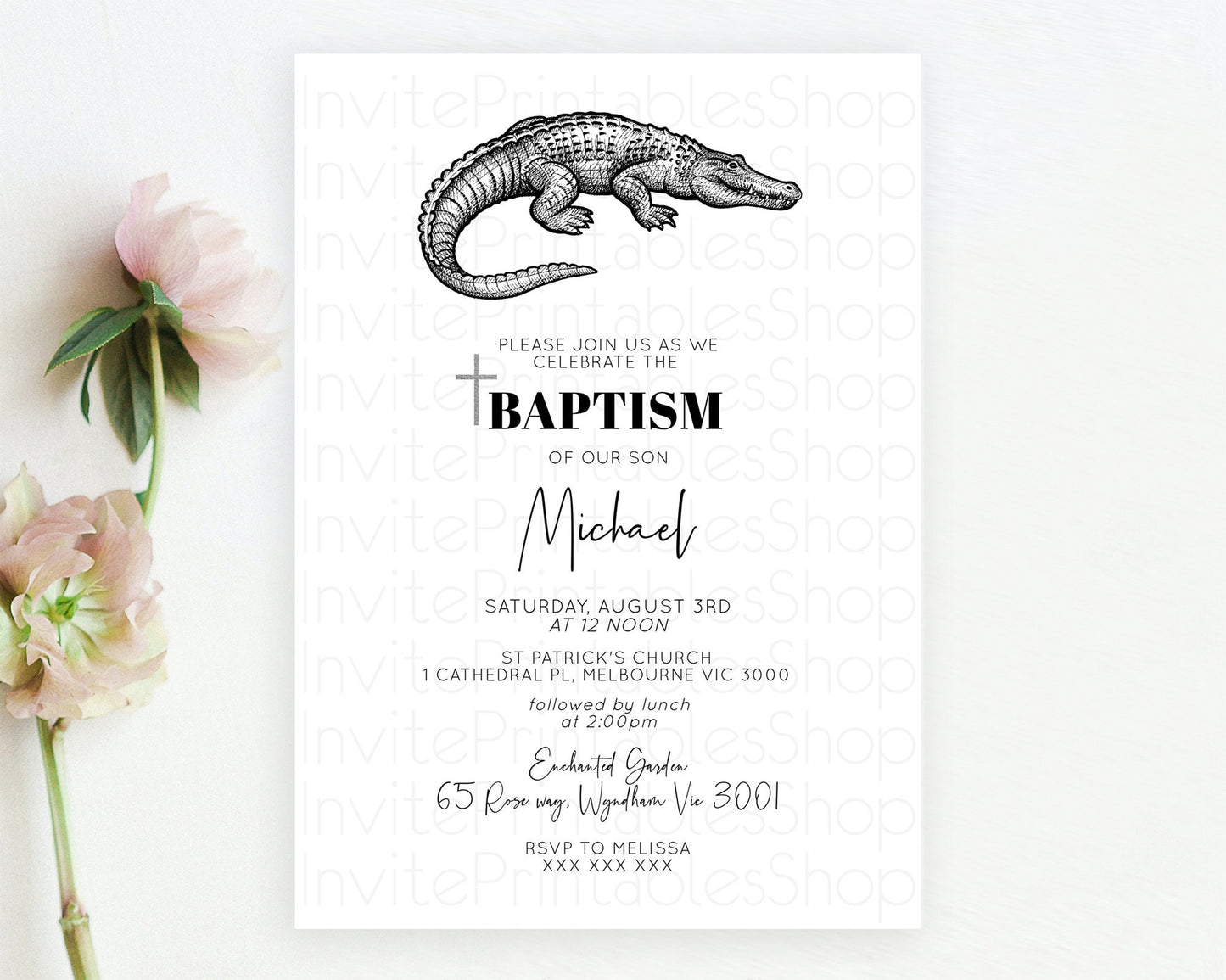 Crocodile Baptism Invitation Alligator Baptism 1st Birthday Invitation Later Alligator Swamp Safari Crocodile Christening Invitation D10286