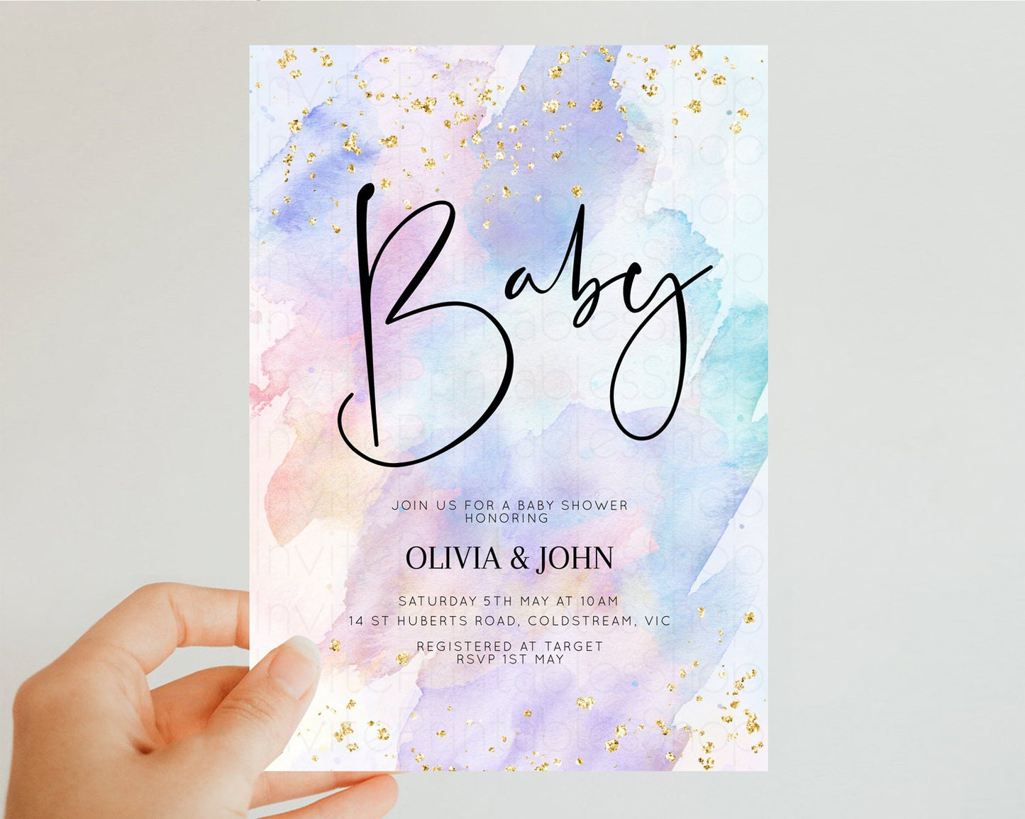 Rainbow Baby Shower Invitation Watercolor Pastel Invitation Colorful Splash Baby Invite Gold Glitter Sprinkles Ombre Gender Reveal t576