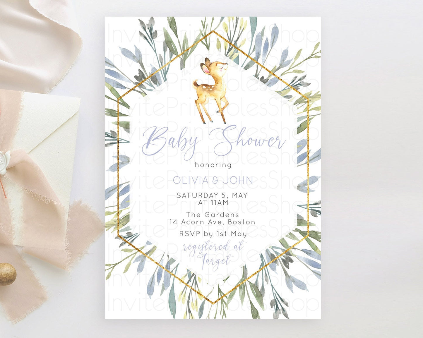 Fawn Baby Shower Invitation, Forest Deer, Pastel Greenery, Whimsical Theme, Rustic Woodland, Organic Soft Green with Gold Accents D10400