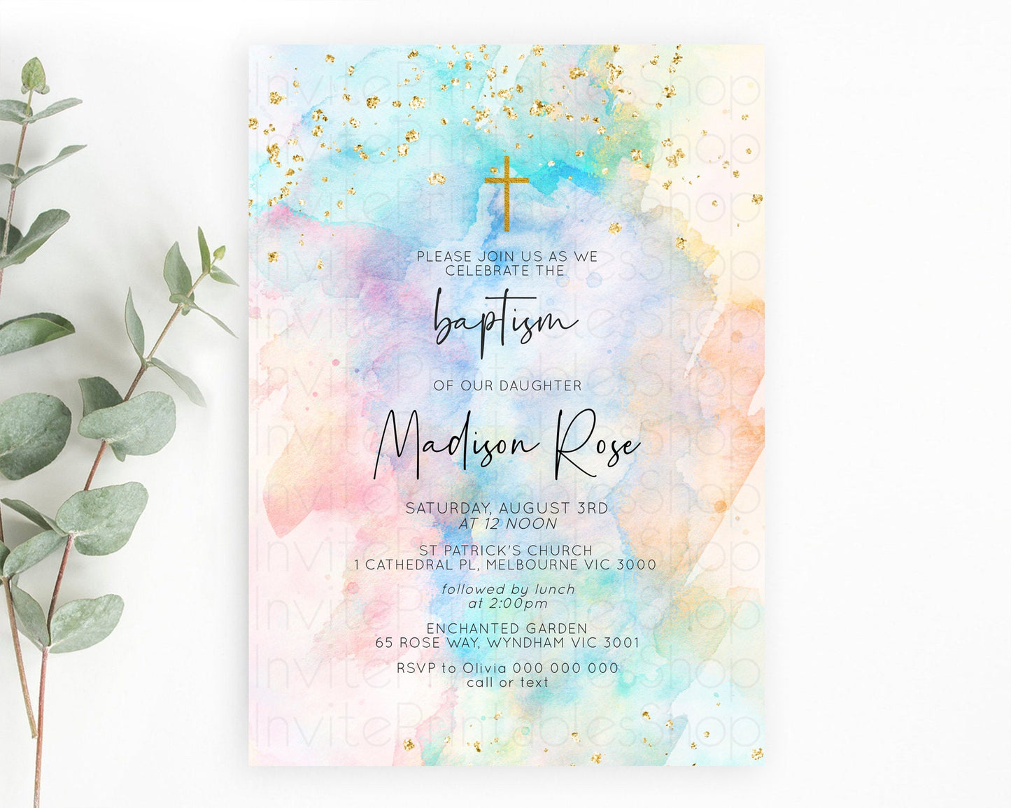 Pastel Baptism Invitation Pastel Colors Watercolor Baptism 1st Birthday Party Gold Ombre Pastel Rainbow Christening Holy Communion D10266