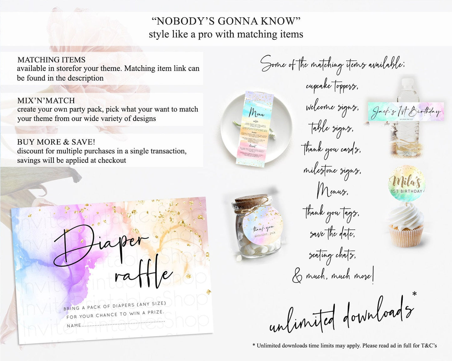 Pastel Diaper Raffle Card Pastel Rainbow Diaper Raffle Insert Colorful Ombre Watercolor Diaper Ticket Confetti Glitter Raffle Game D10180