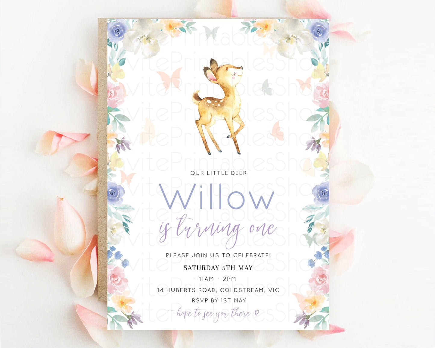 Fawn Birthday Invitation Deer Birthday Invitation Enchanted Forest Party Butterfly Pastel Flowers Whimsical 2nd 1st First Birthday D11001