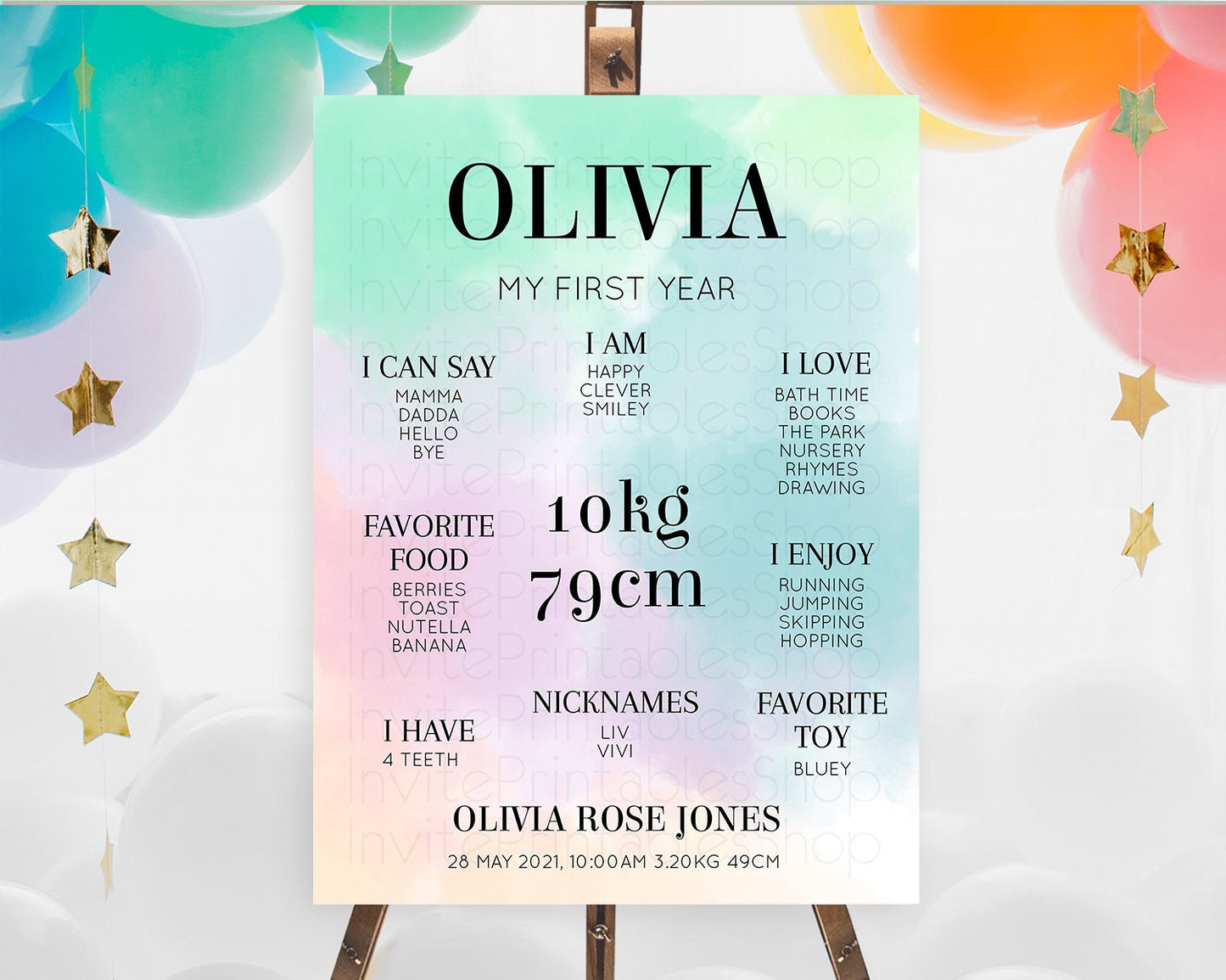 Pastel First Birthday Milestone Board Pastel Rainbow Milestone Poster Colorful Confetti Watercolor Glitter 1st Birthday Welcome Sign D10375