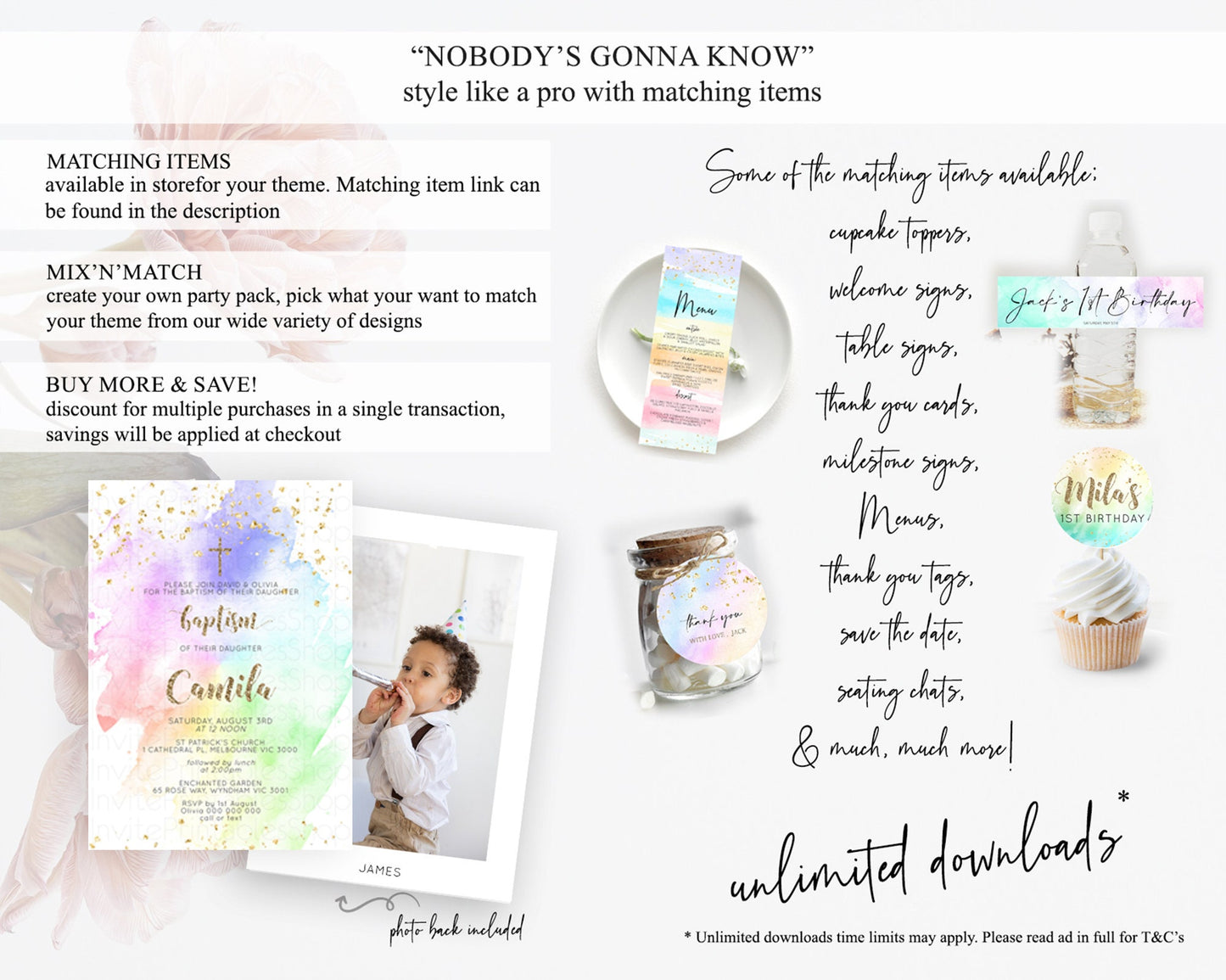 Pastel Baptism Invitation Pastel Colors Watercolor Baptism 1st Birthday Party Gold Ombre Pastel Rainbow Christening Holy Communion D10319