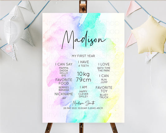 Pastel First Birthday Milestone Board Pastel Rainbow Milestone Poster Colorful Confetti Watercolor Glitter 1st Birthday Welcome Sign D10231