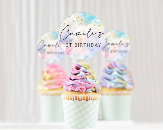 Editable Rainbow Cupcake Toppers Pastel Cupcake Toppers Colorful Pastel Wate