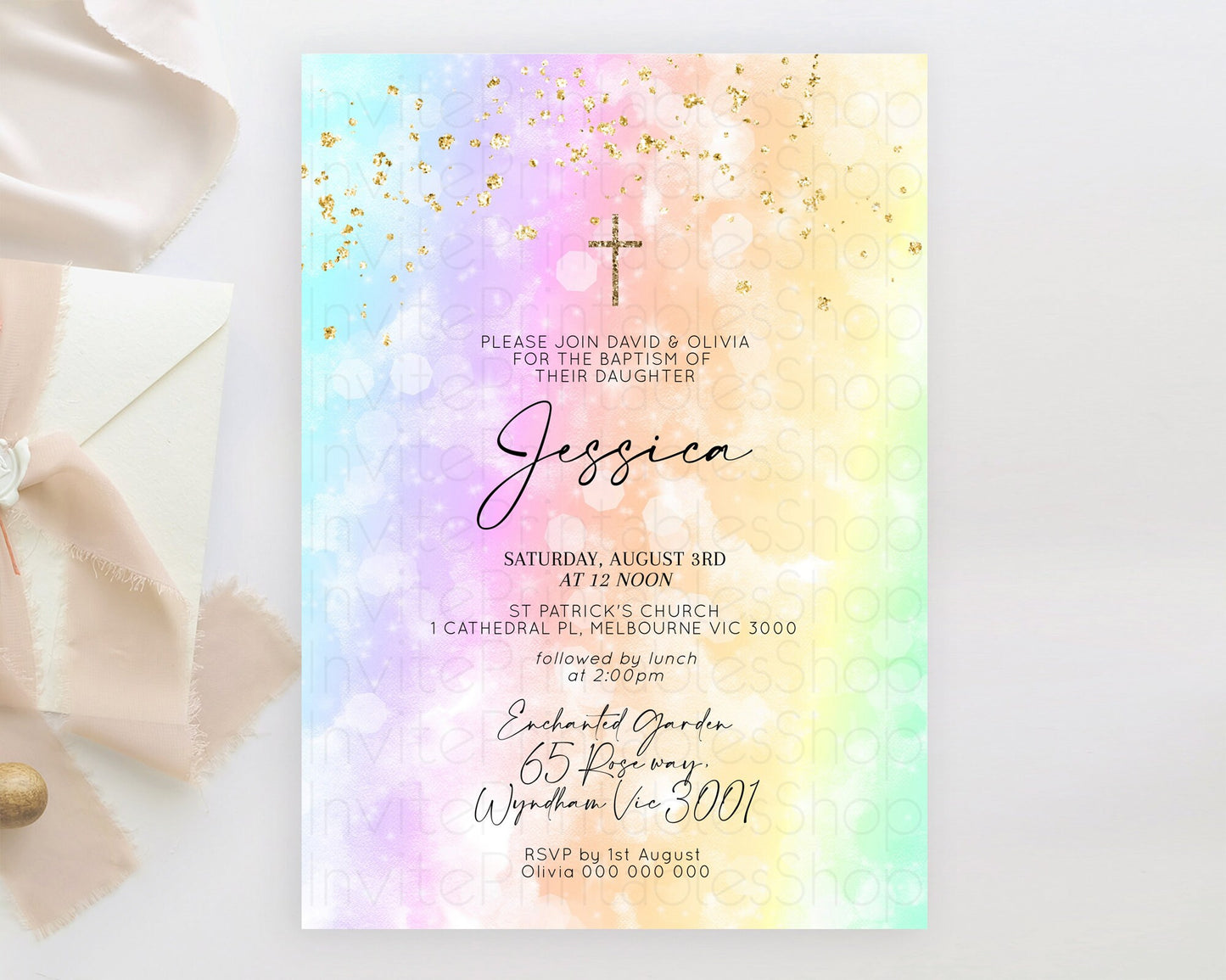 Pastel Baptism Invitation Pastel Colors Watercolor Baptism 1st Birthday Party Gold Ombre Pastel Rainbow Christening Holy Communion D10647