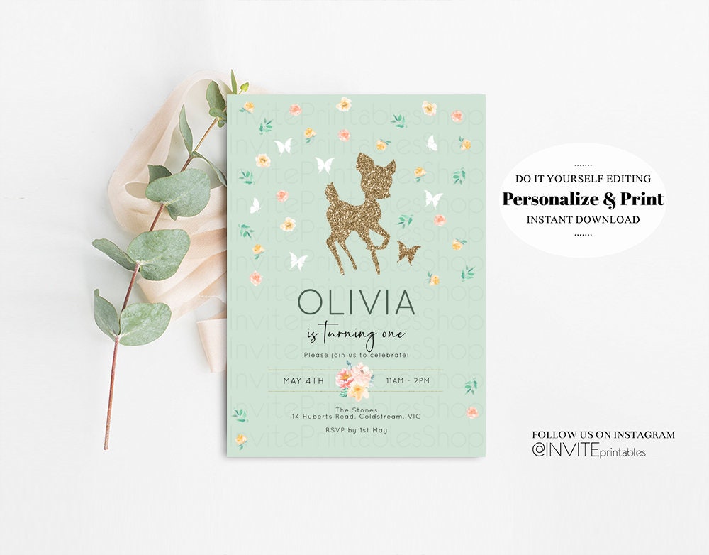 Deer Birthday Invite Deer Birthday Invite Deer Invite Green Fawn Party Invite Pastel Floral Invite Glitter Invite Garden Party Invite