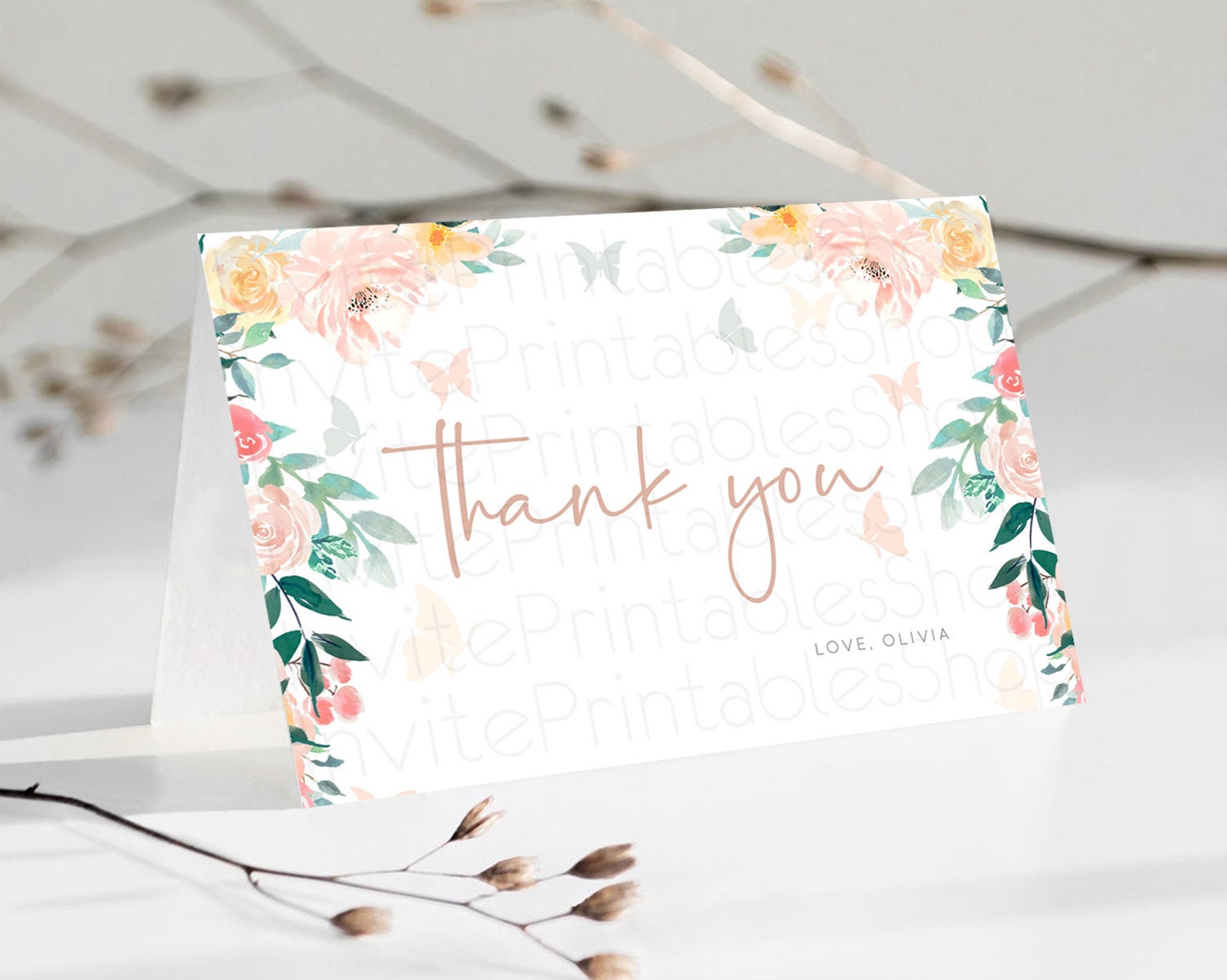 Editable Secret Garden Thank You Wildflower Thank You Card Pastel Flower Gar
